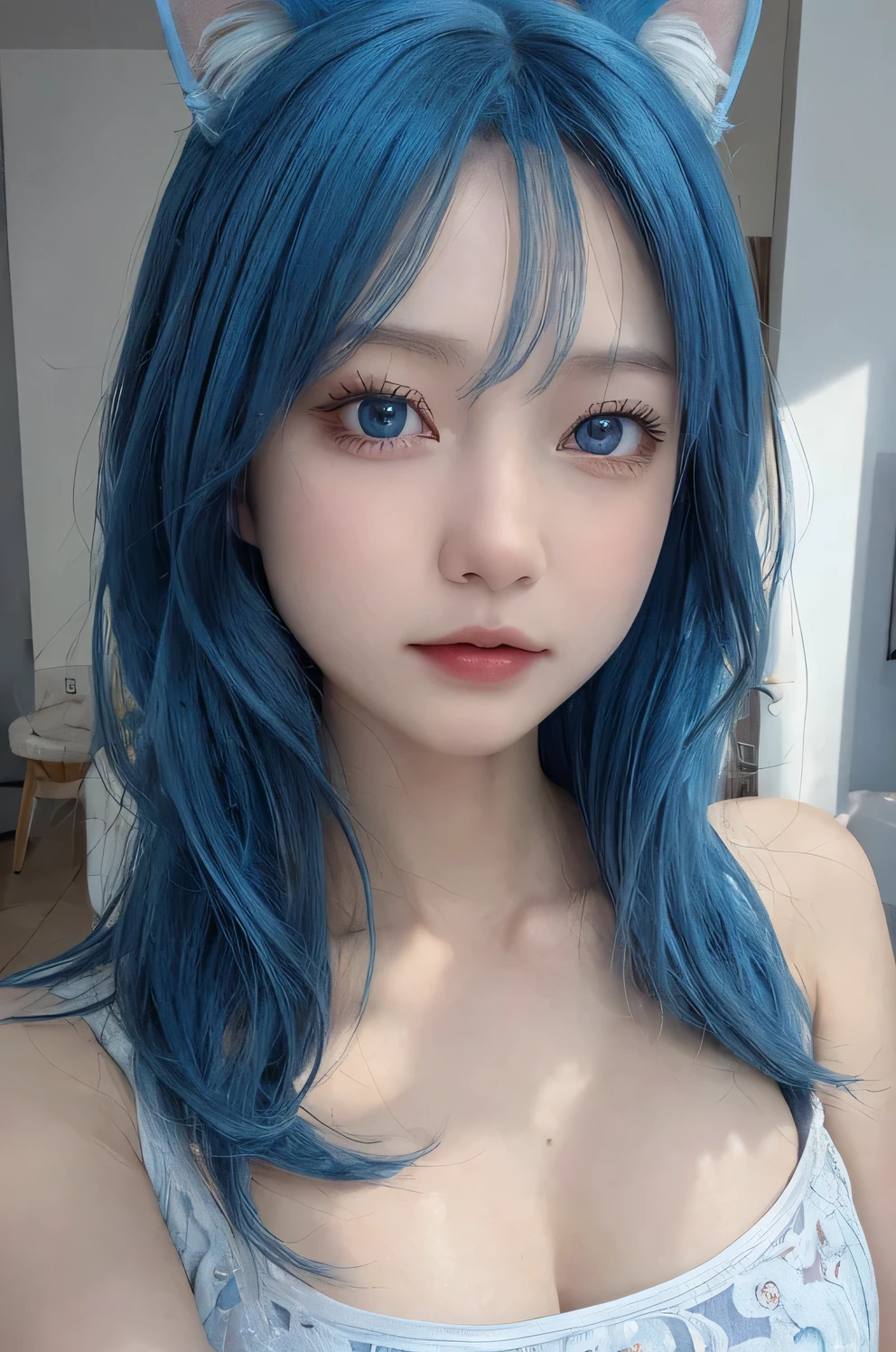(1 young girl), 惊人的脸和blue eyes的cartoon女孩, 白衬衫和blue hair, cartoon萌系艺术风格, Hestia, 一个可爱女孩的cartoon视觉, Water of Conosuba, 由cartoon画家工作室制作, cartoon, Ayaka original god impact, cartoonthe best女孩, 卡通cartoon, 可爱的cartoon女孩, Gaimoyedre, anime style 4k, 一个cartoon女孩眼睛, blue eyes, (very beautiful girl), (the bestquality:1.4), (Super detailed), (masterpiece, the best_quality, Super detailed, 8k, ultra high definition, flawless:1.latin blue hair, blue hair，catwoman,, Cat ears, Looking to the future,巨Big deal，Big deal，up,portrait photo，super closeup,face camera，Take photos carefully，double tail，，European and American women，，Mature