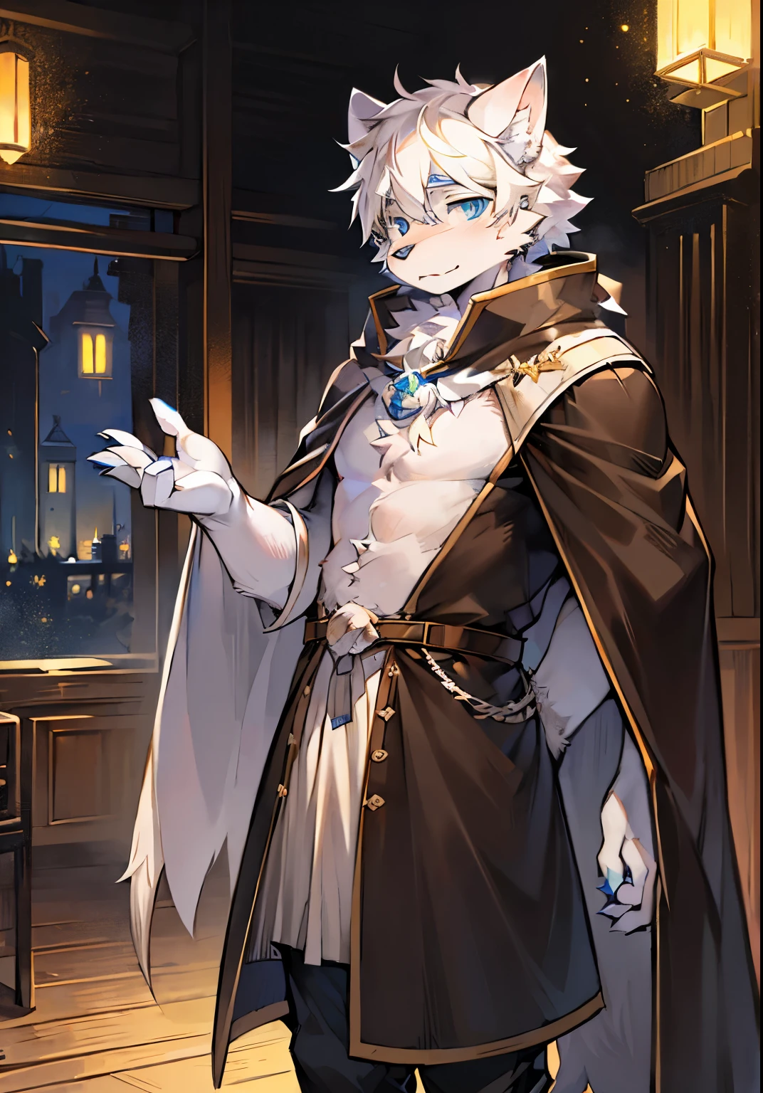 (dark environment: 0.8), masterpiece, high quality, abstract research, number\(artwork\), by dagashi, Yes, Kiyoyama, (Hana charcoalo, fluffy fur, Character focus: 1.1), Hana charcoalo Male Cat, short hair, portrait , Bright Eyes, panoramic, Character focus. (Detailed background: 0.7), alone, hairy, hairy male, male focus, Hana charcoal, (Full body fur, hairy尾巴, white fur, blue eyes, white hair: 1.2), (canine, cape: 1.2)