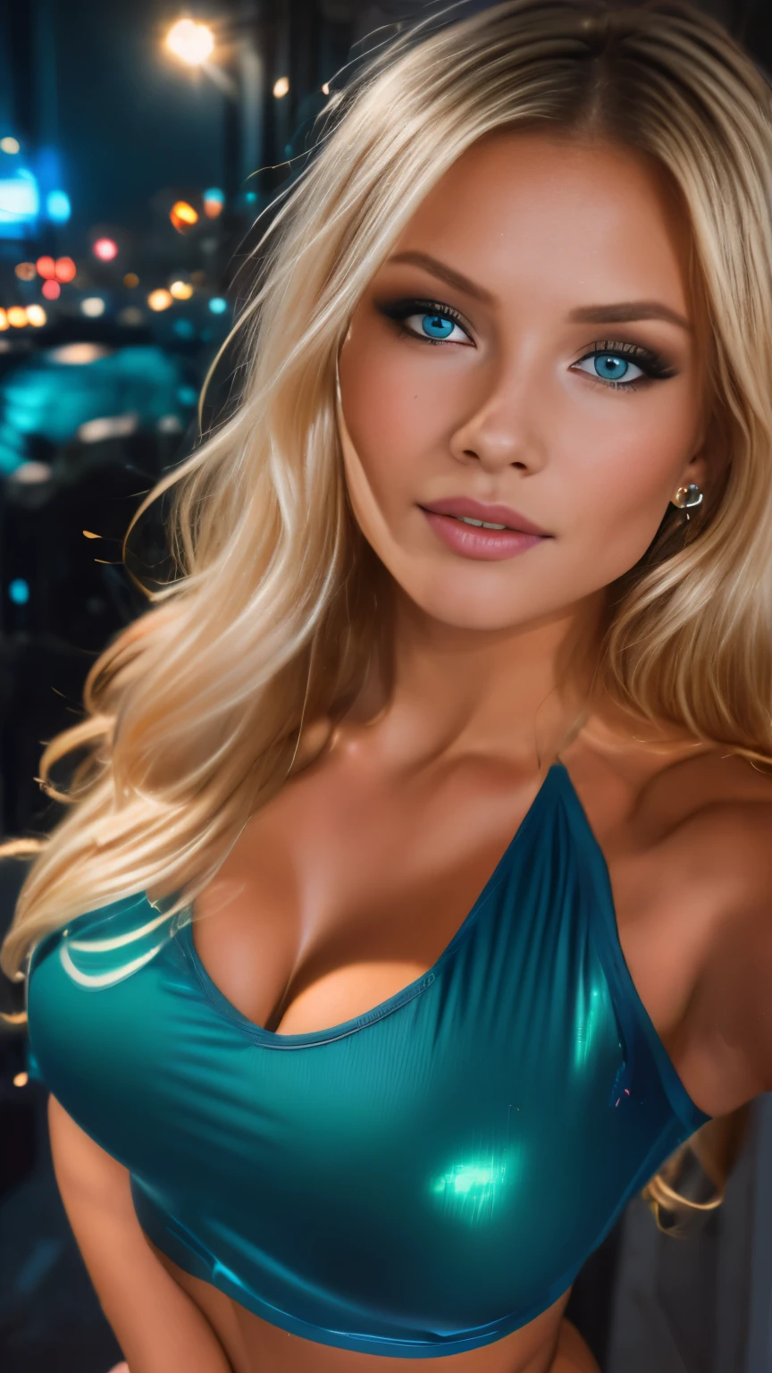 (selfie, top view: 1.4), (straight half of the body: 1.4), RAW UHD portrait photo of a 24-year-old blonde (blue-eyed woman) walking down a dark alley, huge breasts:1.25,, city at night, (stockings), (neckline), details (textures! , hair! , glitter, color!! , disadvantages: 1.1), glossy eyes with high detail (looking at the camera), SLR lighting, SLR camera, ultra-quality, sharpness, depth of field, film grain (center), Fujifilm XT3, crystal clear, frame center, beautiful face, sharp focus, street lamp, neon lighting, bokeh (dimly lit), night, (night sky), detailed skin pores, oily skin, sunburn, complex eye details, full body, huge breasts:1.25