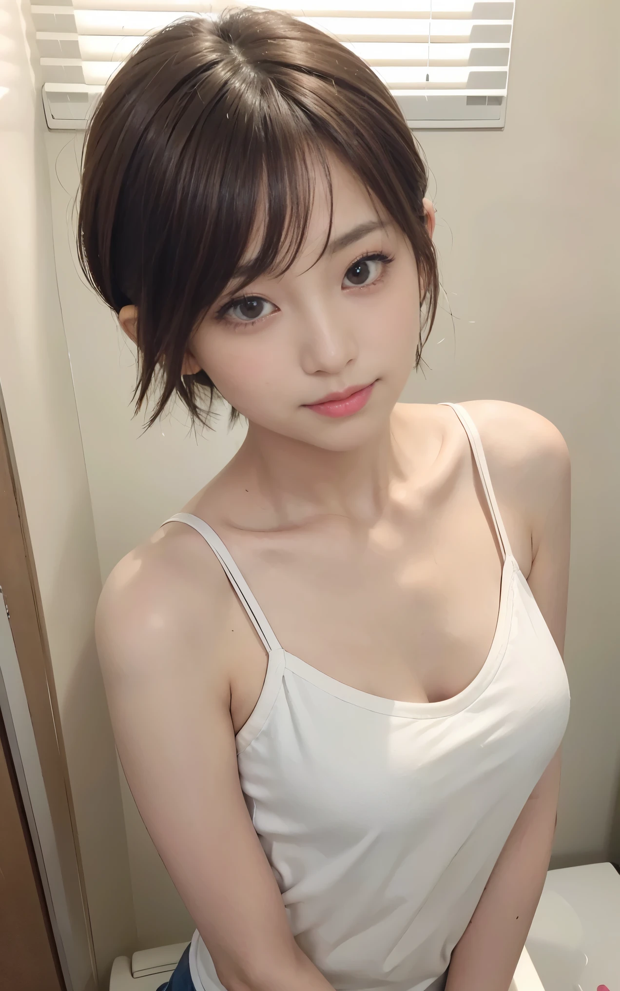 cute 21 year old japanese、washroom、face wash、camisole、super detail face、eye for details、double eyelid、beautiful thin nose、sharp focus:1.2、Beautiful woman:1.4、(light brown hair,short cut hair, ),pure white skin、highest quality、masterpiece、Super high resolution、(Photoreal:1.4)、