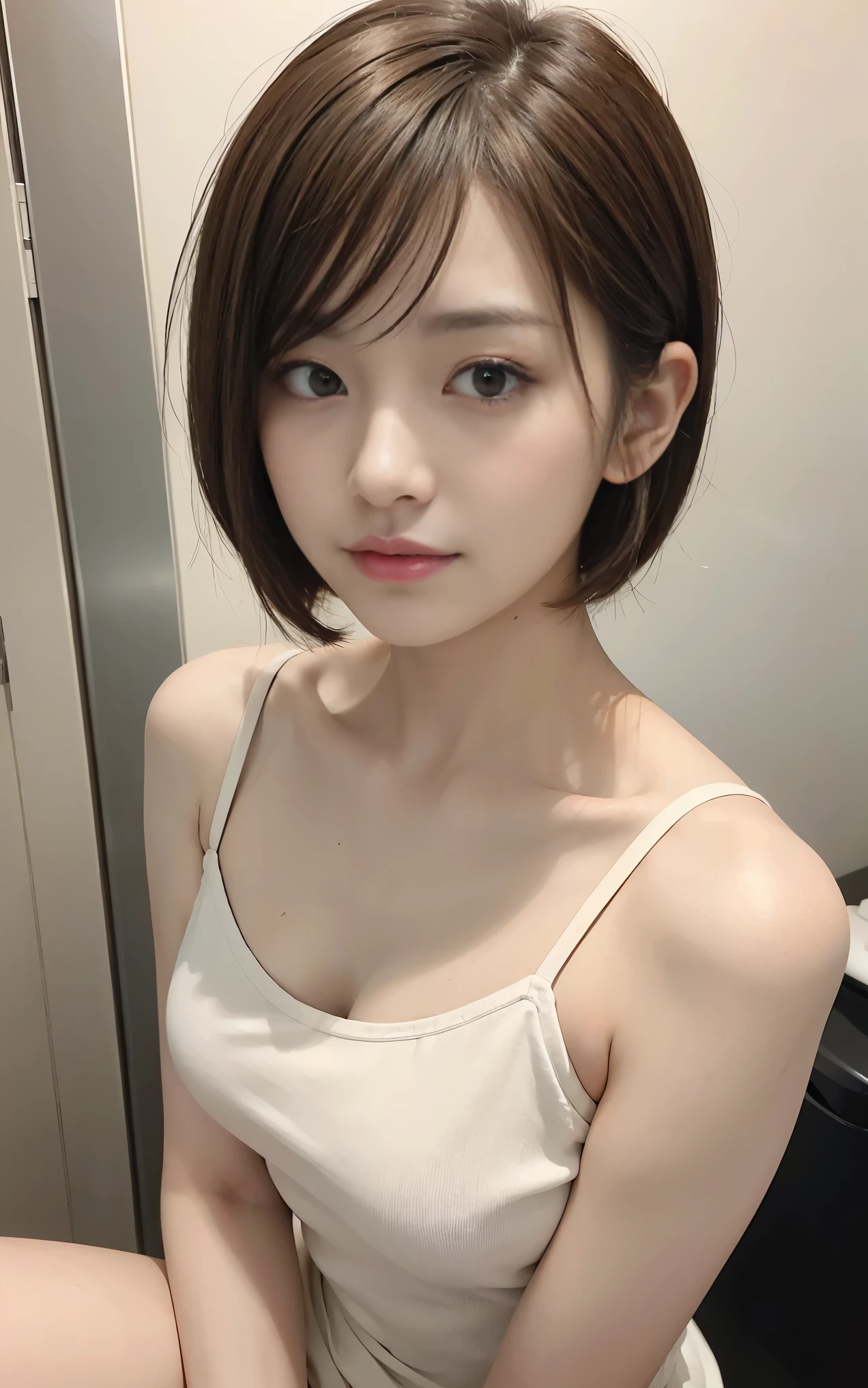 Cute 21 years old Japan、kitchin、cuisine、Tank top、Super Detail Face、Eye of Detail、double eyelid、beautiful thin nose、sharp focus:1.2、prety woman:1.4、(light brown hair,Shortcut Hair, ),fair white skin、top-quality、​masterpiece、超A high resolution、(Photorealsitic:1.4)、breakfast、