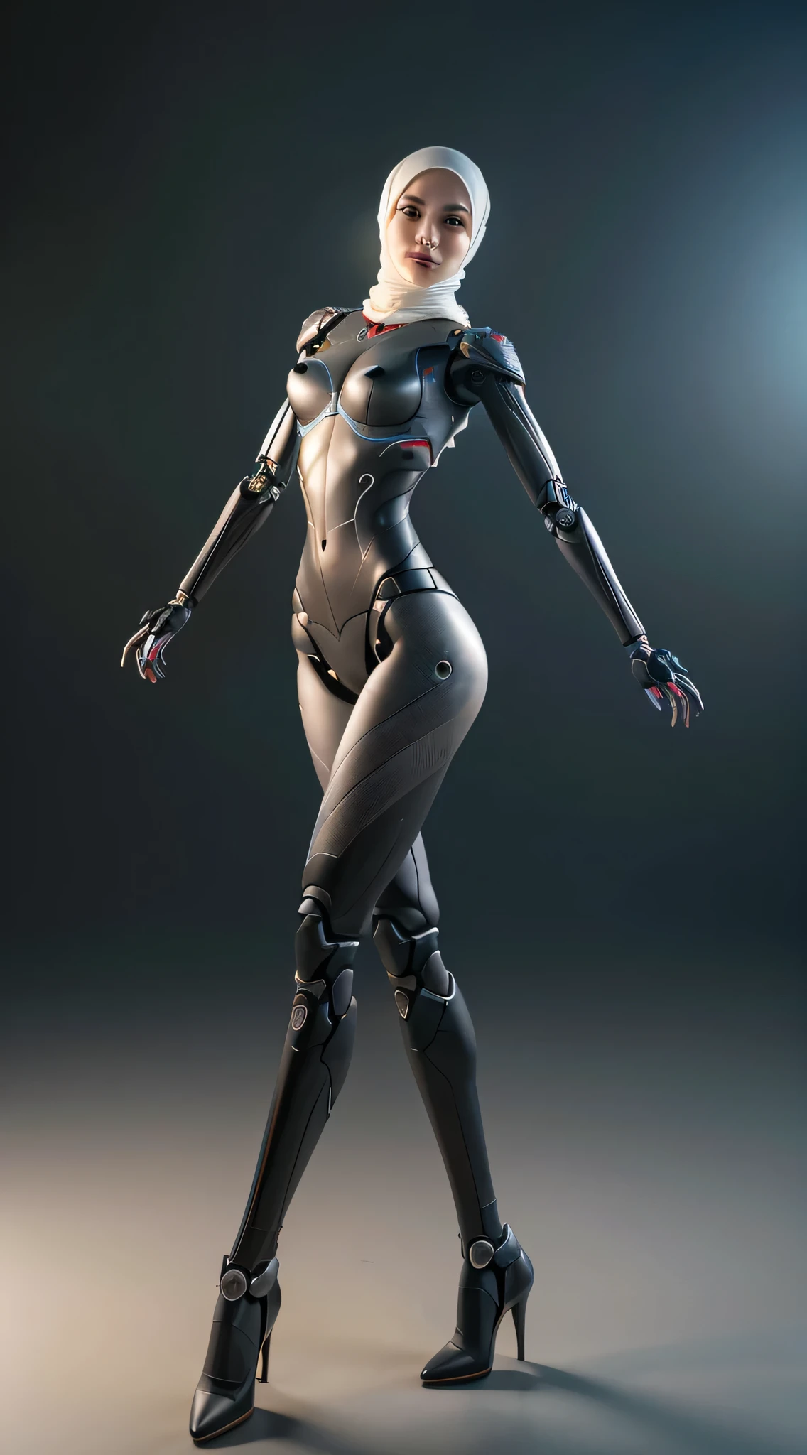womanized humanoid robot made of steel, wearing hijab, beautiful face, anatomically correct, cyborg, cyborg limbs, long leg, full metal, unreal engine, ray tracing, 8 k, uhd, ultrarealistic, highly detailed  in the style of omni magazine, digital art, dramatic lighting, octane render