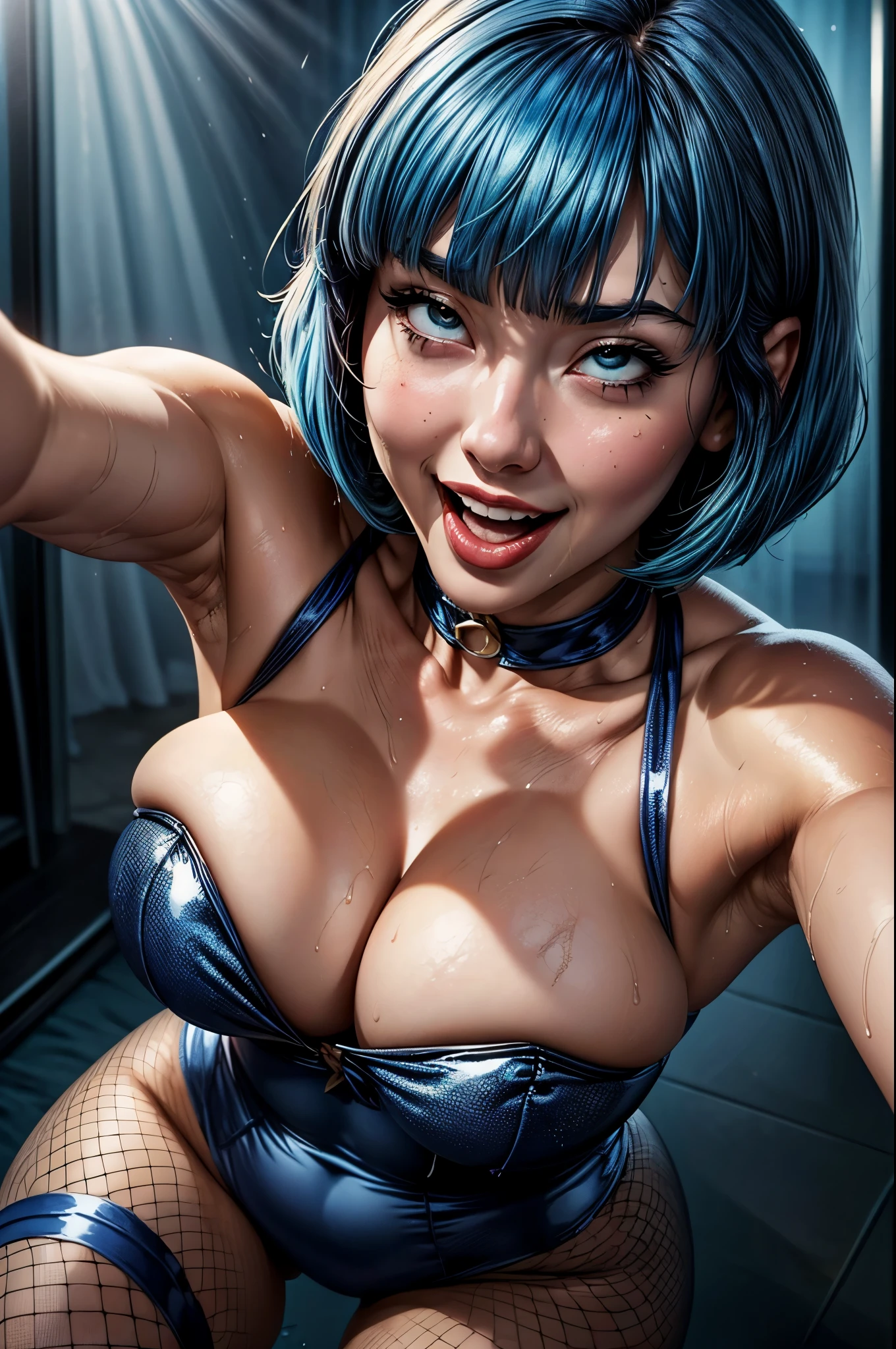 (Photoreal: 1.4, best quality, In 8K ), ( 20-year-old, korean beautiful woman、bunny girl costume、Fishnet tights、Sweat: 1.2, bob cut hairstyle,blue hair), fine skin, (movie lighting), soft light, double eyelid, ((solo、big breasts:1.5、cleavage、bust up shot:1.3、function:1.4、Wet:1.3、laughter)),(Show the entire upper body),Show all the way to the top of your head