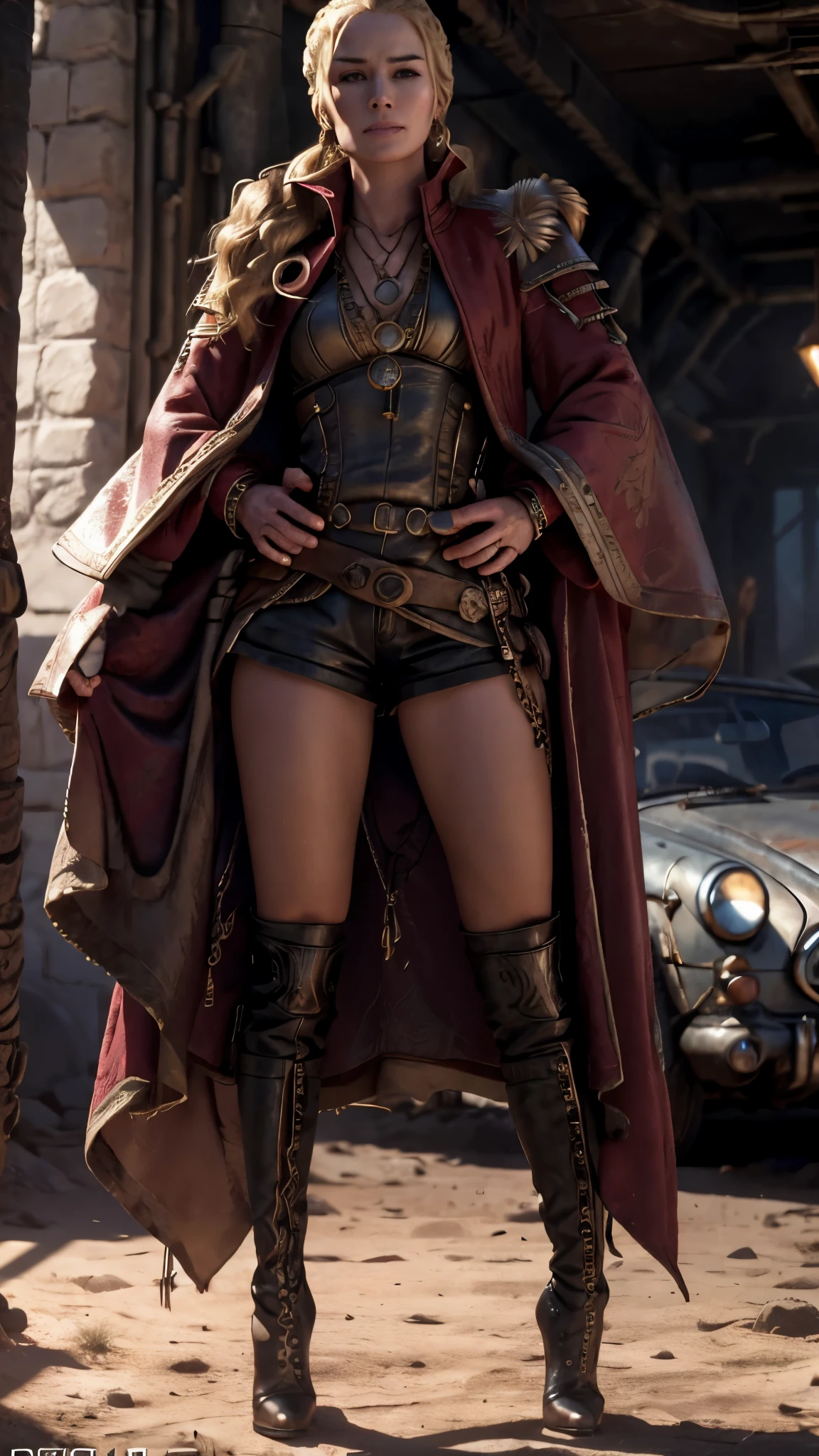 dieselpunkai, l3n4 as Cersei Lannister, blonde hair bun, make-up, (scarlet long coat), black mini shorts, black high boots on heels, earrings, rings, necklace, standing near luxuy car, in a desert, 1woman, solo, beautiful detailed glow, detailed, cinematic light, intricate detail, realistic, highres, detailed facial features, high detail, sharp focus, smooth, aesthetic, extremely detailed, stamp, octane render