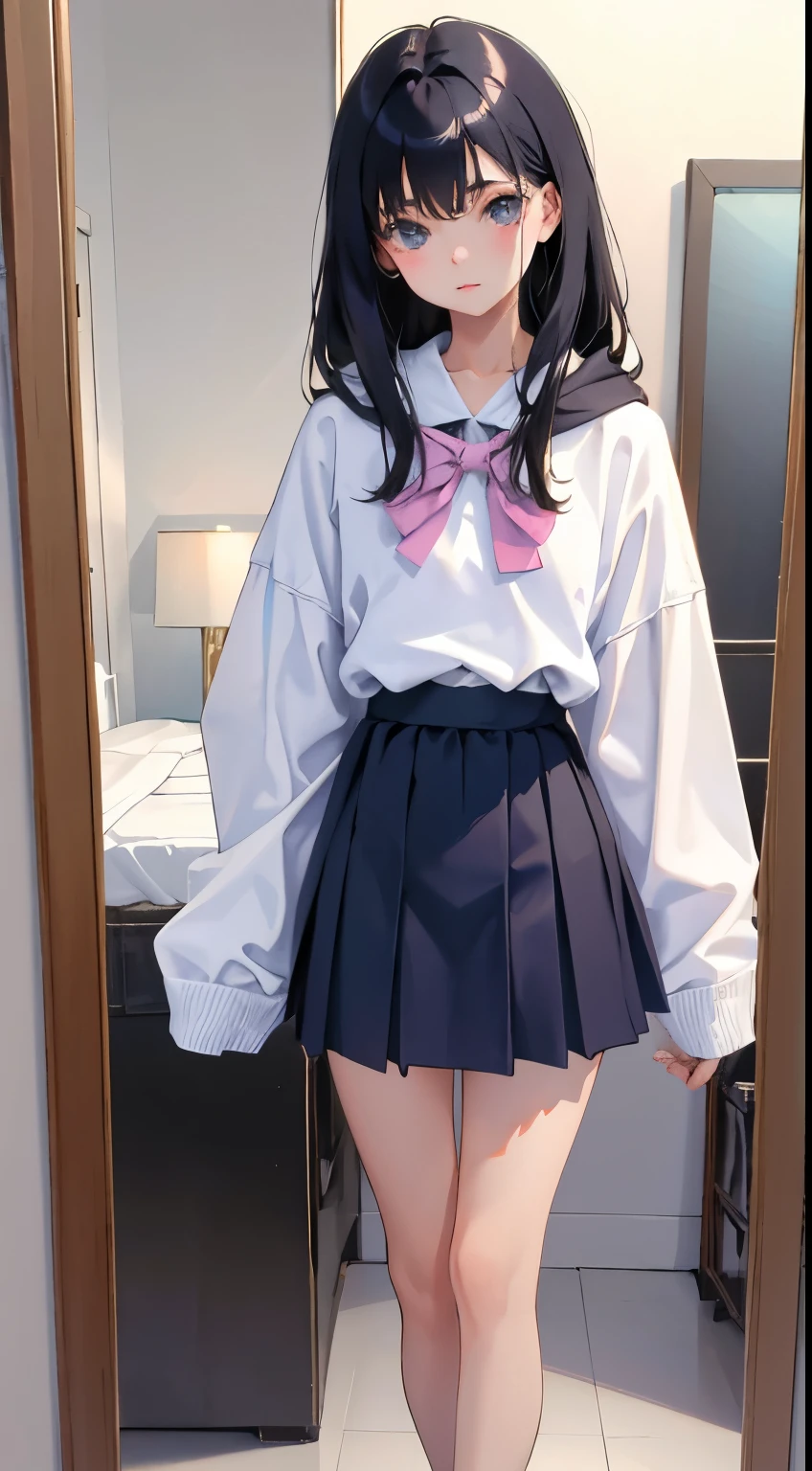Stand on the mirror，(short cute girl，small young student，young delicate girl）,（masterpiece，Top quality)，large pastel hoodie，fluffy skirt，ruffle skirt，long black hair