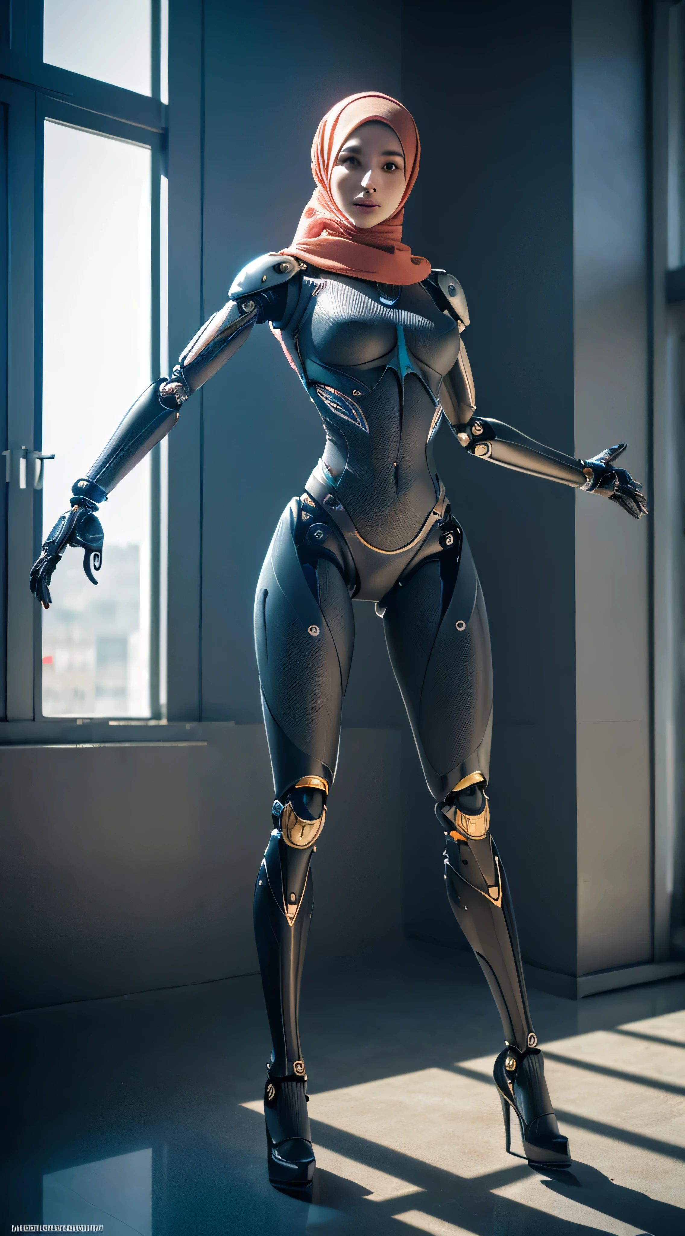 womanized humanoid robot made of steel, wearing hijab, beautiful face, anatomically correct, cyborg, cyborg limbs, long leg, full metal, unreal engine, ray tracing, 8 k, uhd, ultrarealistic, highly detailed in the style of omni magazine, digital art, dramatic lighting, octane render