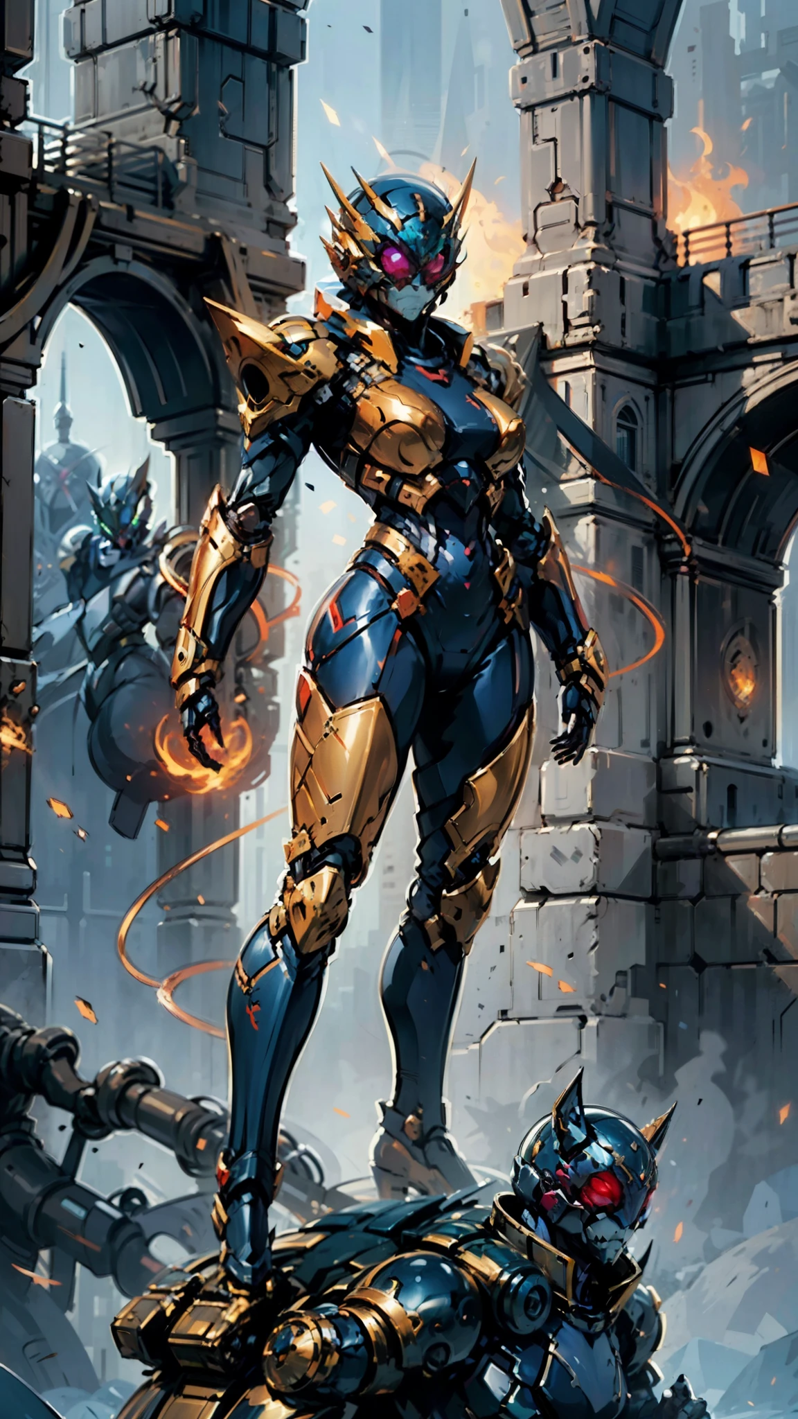 A woman adorned in fantasy-style full-body armor, a crown-concept fully enclosed helmet that unveils only her eyes, a composite layered chest plate, fully encompassing shoulder and hand guards, a lightweight waist armor, form-fitting shin guards, the overall design is heavy-duty yet flexible, (the armor gleams with a golden glow, complemented by red and blue accents), exhibiting a noble aura, she floats above a fantasy-surreal high-tech city, this character embodies a finely crafted fantasy-surreal style armored hero in anime style, exquisite and mature manga art style, (mixture of Queen bee and Spider concept Armor, plasma), ((Element, elegant, goddess, femminine:1.5)), metallic, high definition, best quality, highres, ultra-detailed, ultra-fine painting, extremely delicate, professional, anatomically correct, symmetrical face, extremely detailed eyes and face, high quality eyes, creativity, RAW photo, UHD, 32k, Natural light, cinematic lighting, masterpiece-anatomy-perfect, masterpiece:1.5