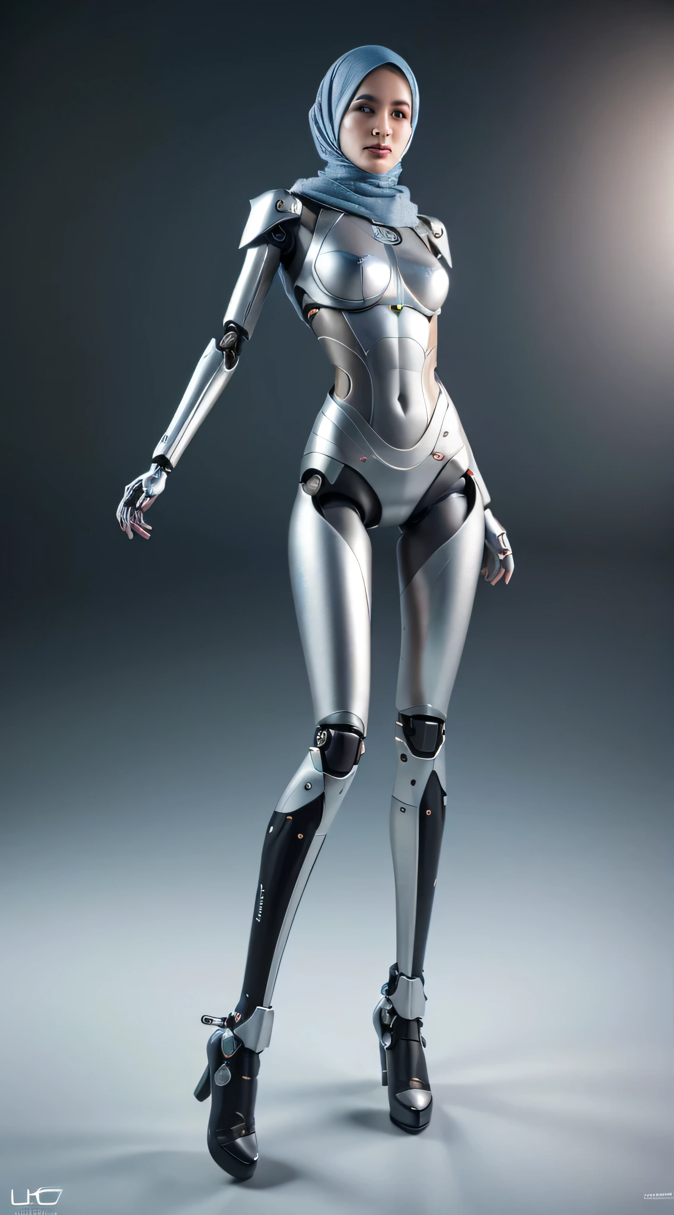 womanized humanoid robot made of steel, wearing hijab, beautiful face, anatomically correct, cyborg, cyborg limbs, long leg, full silver metal, unreal engine, ray tracing, 8 k, uhd, ultrarealistic, highly detailed in the style of omni magazine, digital art, dramatic lighting, octane render