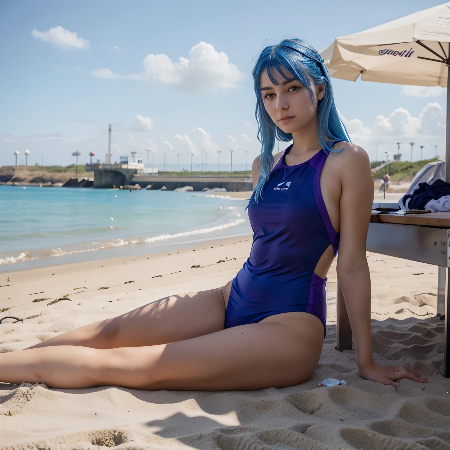 Very cute 22 years old,Big titsFull body,long hair,(Blue-purple hair 1.4),(Shiny micro bikini),Height: 178cm,(A narrow platform floating on the sea:1.3)