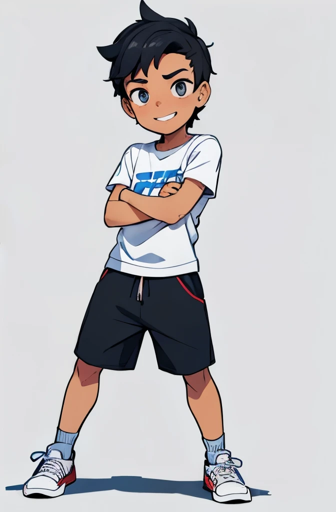 ((Pedro character presentation photo)), menino de 10 anos, ele tem cabelos castanhos escuros, olhos grandes e verdes, ((rosto muito expressivo)), (((muito fofo))), ((estatura pequena)), ele usa bermuda azul e camiseta amarela com vermelho, wears white socks and red sneakers,(((personagem masculino))), ((Cores vivas)), ((personagem para revista em quadrinhos )), (((A single drawing))), (((well-marked and defined lines in black))), sem sombra, ((((fundo em branco)))), (childish traits, as if it were made by hand), 2d drawing type of strokes like cartoon, cartoon. ((The character Pedro is facing the camera, com um grande sorriso)).