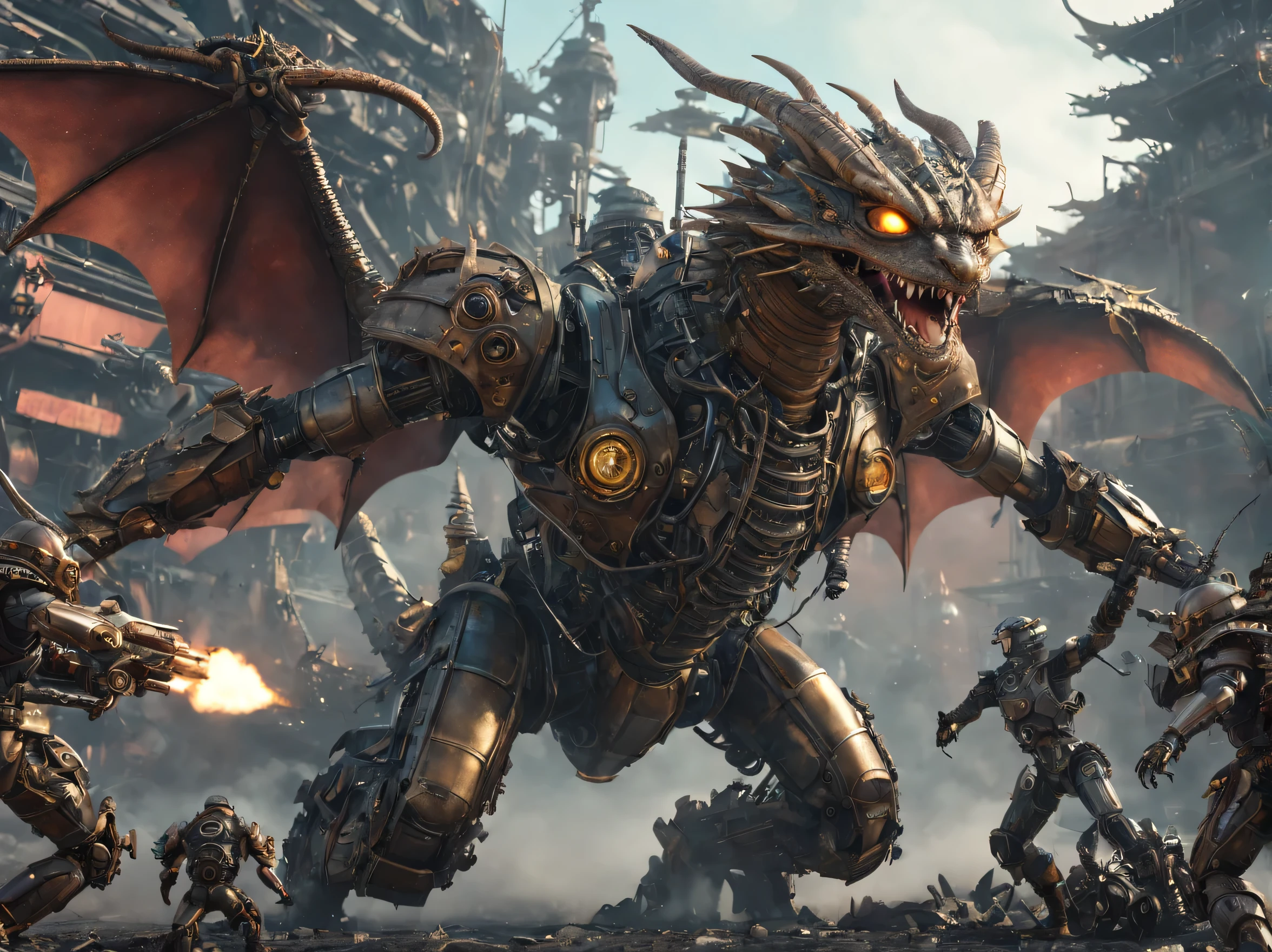 Mechanical Dragon Warrior, with fantastic weapons, a combination of steampunk and cyberpunk styles, a detailed plot of the battle scene of the mechanical Dragon Warrior with alien invaders, cinematic frame, high detail, action scene, hyperrealistic, 8K