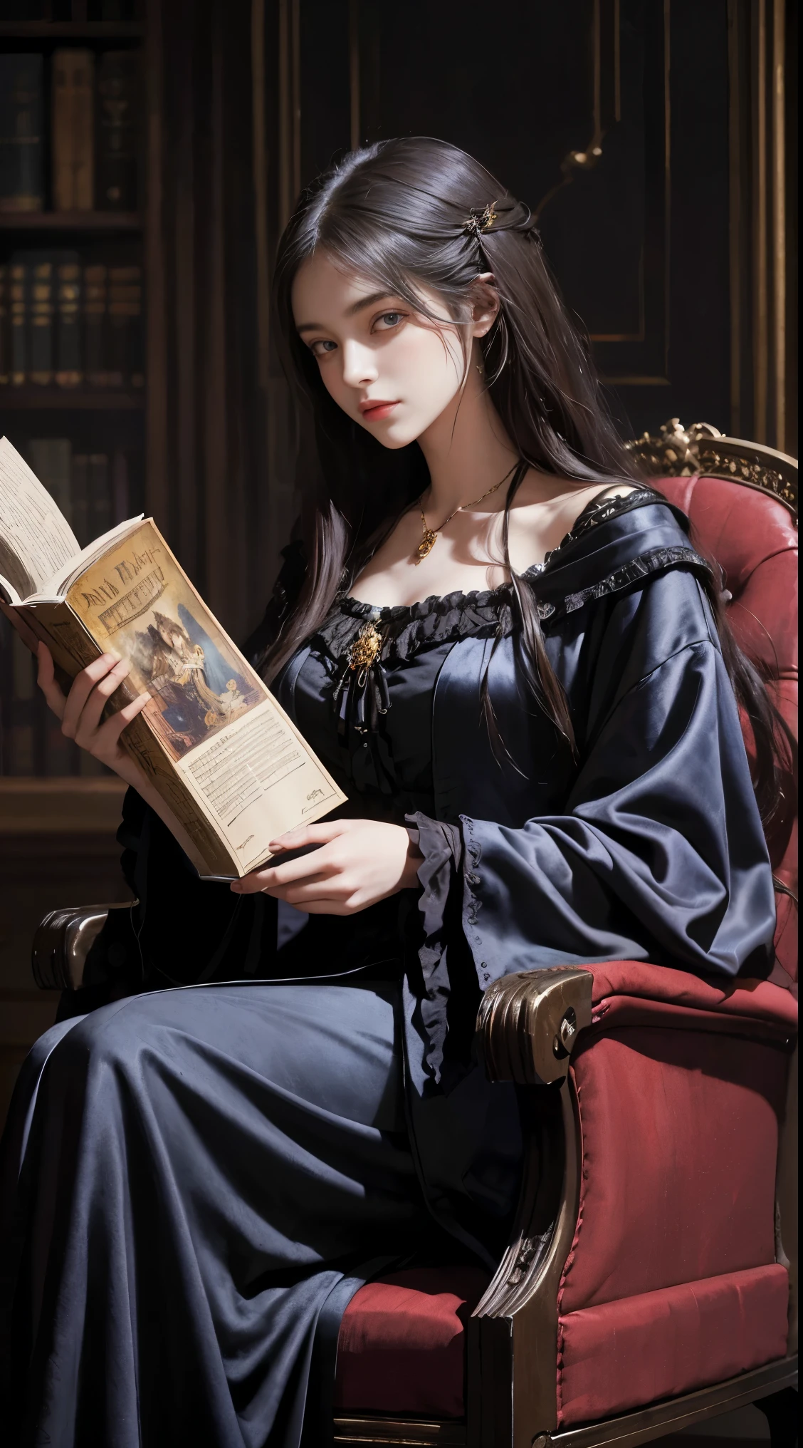 Oil painting of a young woman with long hair in a velvet dressing gown sitting on a tall wingback chair and reading a large book, In the Gothic library, Dark dramatic lighting, deep shadow, classic color palette, super detailed, elegant, Fine art, Exciting,Gustave Moreau, Sgt., Alphonse Mucha, abstract expressionism