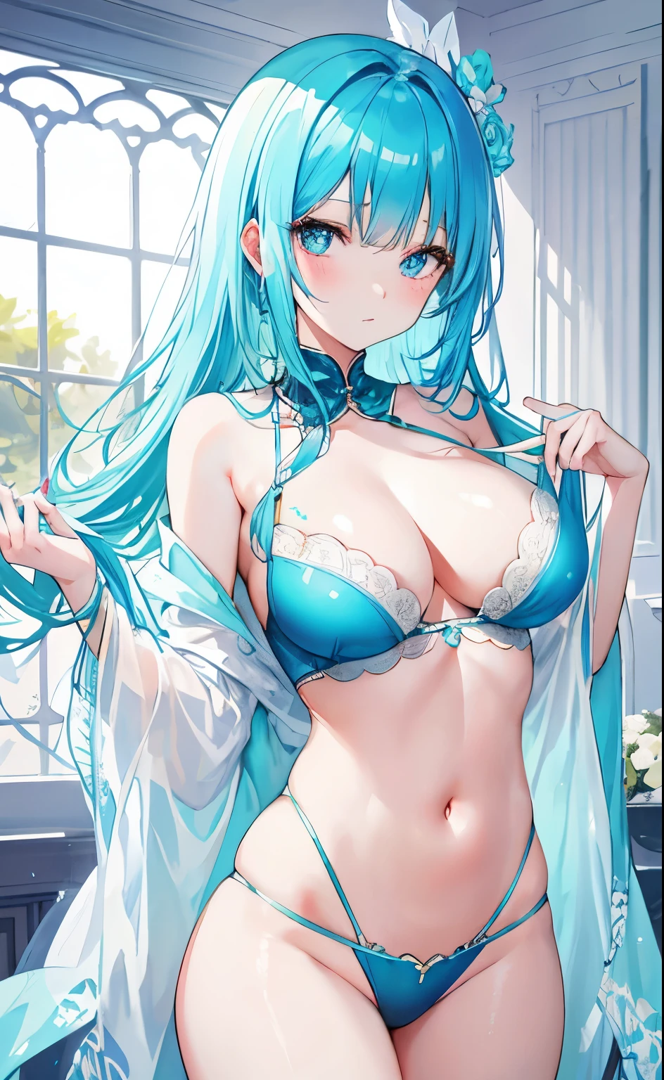 Shiny turquoise hair，bright blue pupils，very stunning，Sweet girl with slender figure，Soft and waxy texture of clothes，long white shirt，There are some blue pattern decorations，Not colored，Very，Delicate