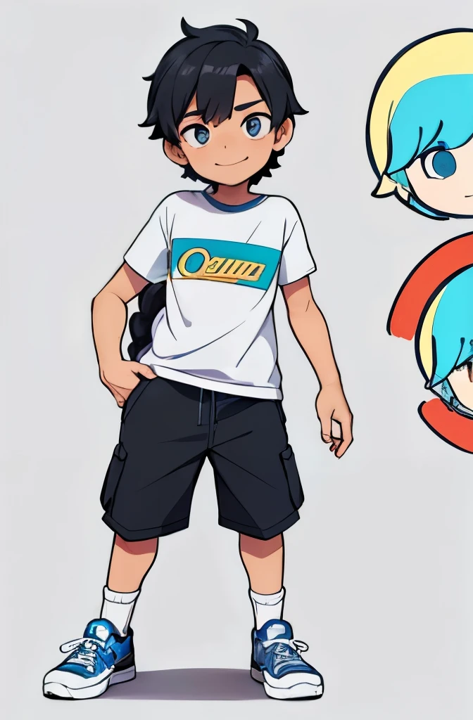 ((Pedro character presentation photo)), menino de 10 anos, ele tem cabelos castanhos escuros, olhos grandes e verdes, ((rosto muito expressivo)), (((muito fofo))), ((estatura pequena)), ele usa bermuda azul e camiseta amarela com vermelho, wears white socks and red sneakers,(((personagem masculino))), ((Cores vivas)), ((personagem para revista em quadrinhos )), (((A single drawing))), (((well-marked and defined lines in black))), sem sombra, ((((fundo em branco)))), (childish traits, as if it were made by hand), 2d drawing type of strokes like cartoon, cartoon. ((The character Pedro is facing the camera, com um grande sorriso)).