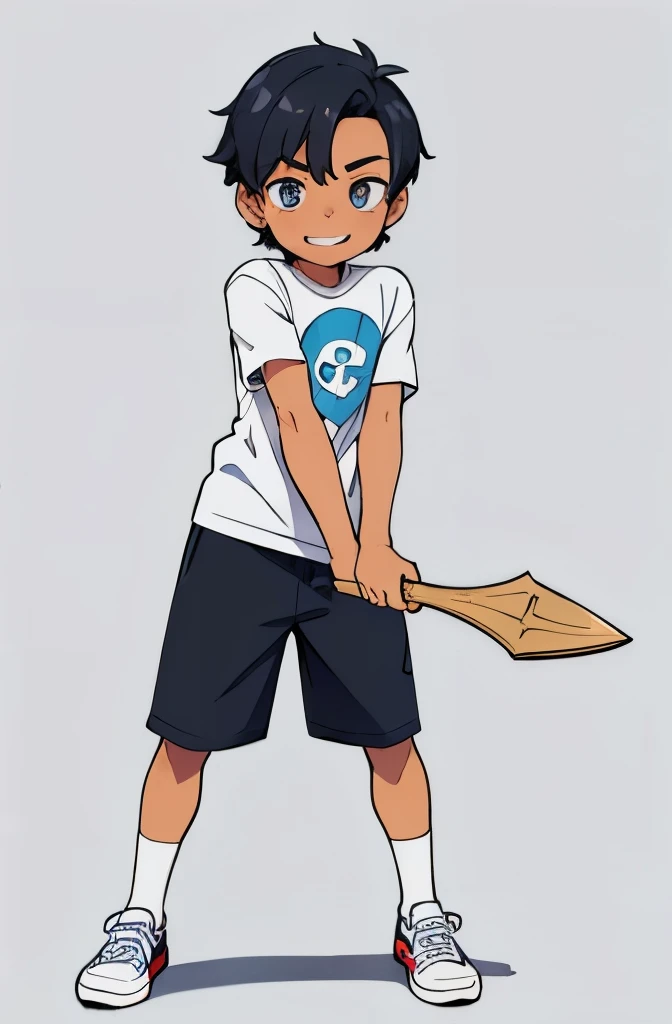 An anime teenager(naruto type) he is wearing a light blue t-shirt, beige cargo pants and blue, black and white air jordan sneakers, he has white skin and black hair and he is taking off his white boxer briefs with a relieved face 