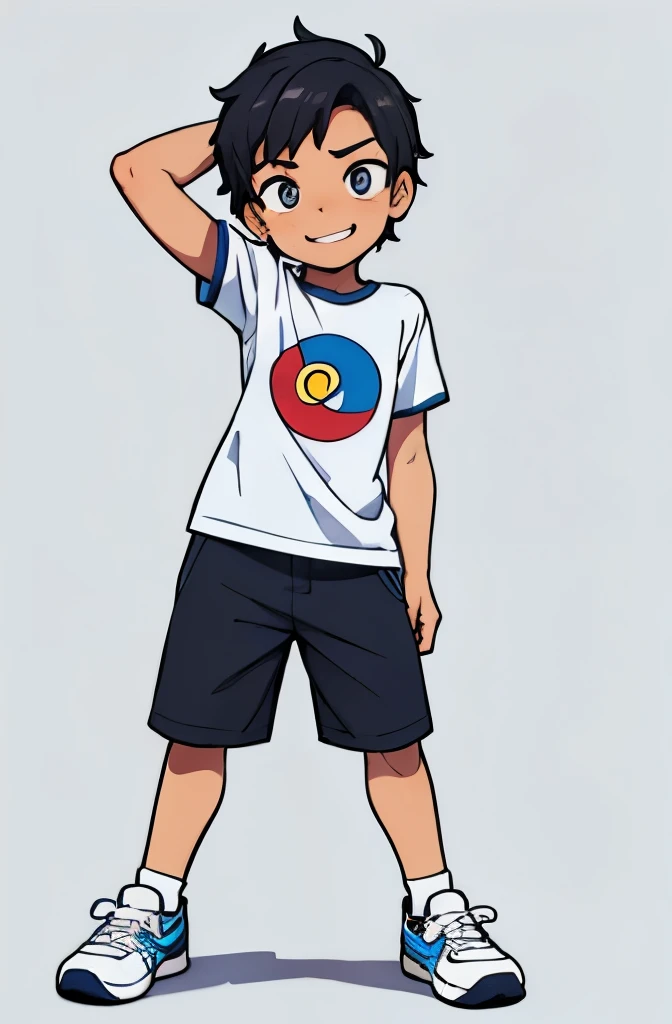 ((Pedro character presentation photo)), menino de 10 anos, ele tem cabelos castanhos escuros, olhos grandes e verdes, ((rosto muito expressivo)), (((muito fofo))), ((estatura pequena)), ele usa bermuda azul e camiseta amarela com vermelho, wears white socks and red sneakers,(((personagem masculino))), ((Cores vivas)), ((personagem para revista em quadrinhos )), (((A single drawing))), (((well-marked and defined lines in black))), sem sombra, ((((fundo em branco)))), (childish traits, as if it were made by hand), 2d drawing type of strokes like cartoon, cartoon. ((The character Pedro is facing the camera, com um grande sorriso)).
