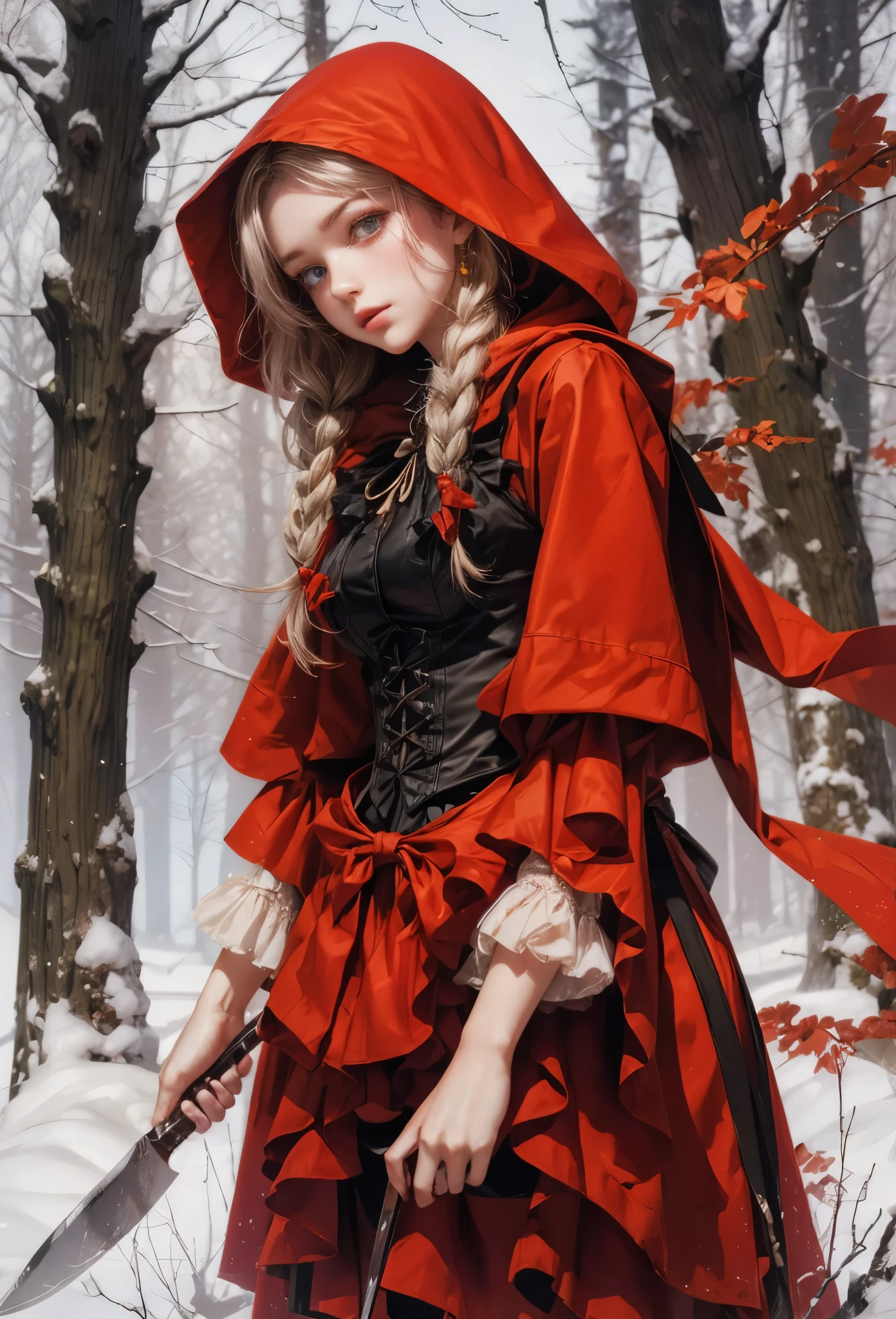 ((Highly accurate drawing in every detail)Extremely precise depiction)[High resolution],(detailed illustrations,とてもfineで緻密な描画,Delicate drawn lines with tempo,Realistic texture expression),[color traced main line],[deep nordic forest],((irish girl) Beauty 13 years old) [braided hair] Medium build, medium height,((little red riding hood)apron dress[(frills) ribbon]) [Meat cleaver],gravure[[bizarre atmosphere]gothic horror],(Fine and beautiful skin expression [transparency]),((Precisely drawn eyes))[完璧な目のdetailed((Beautiful eyes like jewels)Iris drawn in precise detail)[clearly drawn pupils]],[eye light[Pinpoint lighting for the eyes]],[long and beautiful eyelashes],[precisely drawn hair [美しく艷やかな髪のdetailed]],(完璧な手のdetailed [Beautiful fingers with no damage [beautiful nails]]),(perfect anatomy(perfectly balanced proportions))[[full body portrait]],[ideal color coordination(Accurate simulation of light and material interactions)],([precision detail](detailed,高fine)),[[pale and gentle colors]][Visual art that tells a story] [[natural eros]],((highest quality)fine[[High density drawing]])(4K quality).