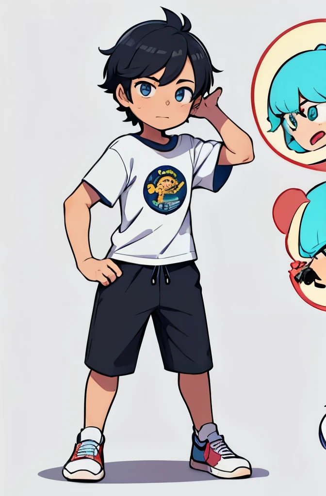 ((Pedro character presentation photo)), menino de 10 anos, ele tem cabelos castanhos escuros, olhos grandes e verdes, ((rosto muito expressivo)), (((muito fofo))), ((estatura pequena)), ele usa bermuda azul e camiseta amarela com vermelho, wears white socks and red sneakers,(((personagem masculino))), ((Cores vivas)), ((personagem para revista em quadrinhos )), (((A single drawing))), (((well-marked and defined lines in black))), sem sombra, ((((fundo em branco)))), (childish traits, as if it were made by hand), 2d drawing type of strokes like cartoon, cartoon. ((The character Pedro is facing the camera)).