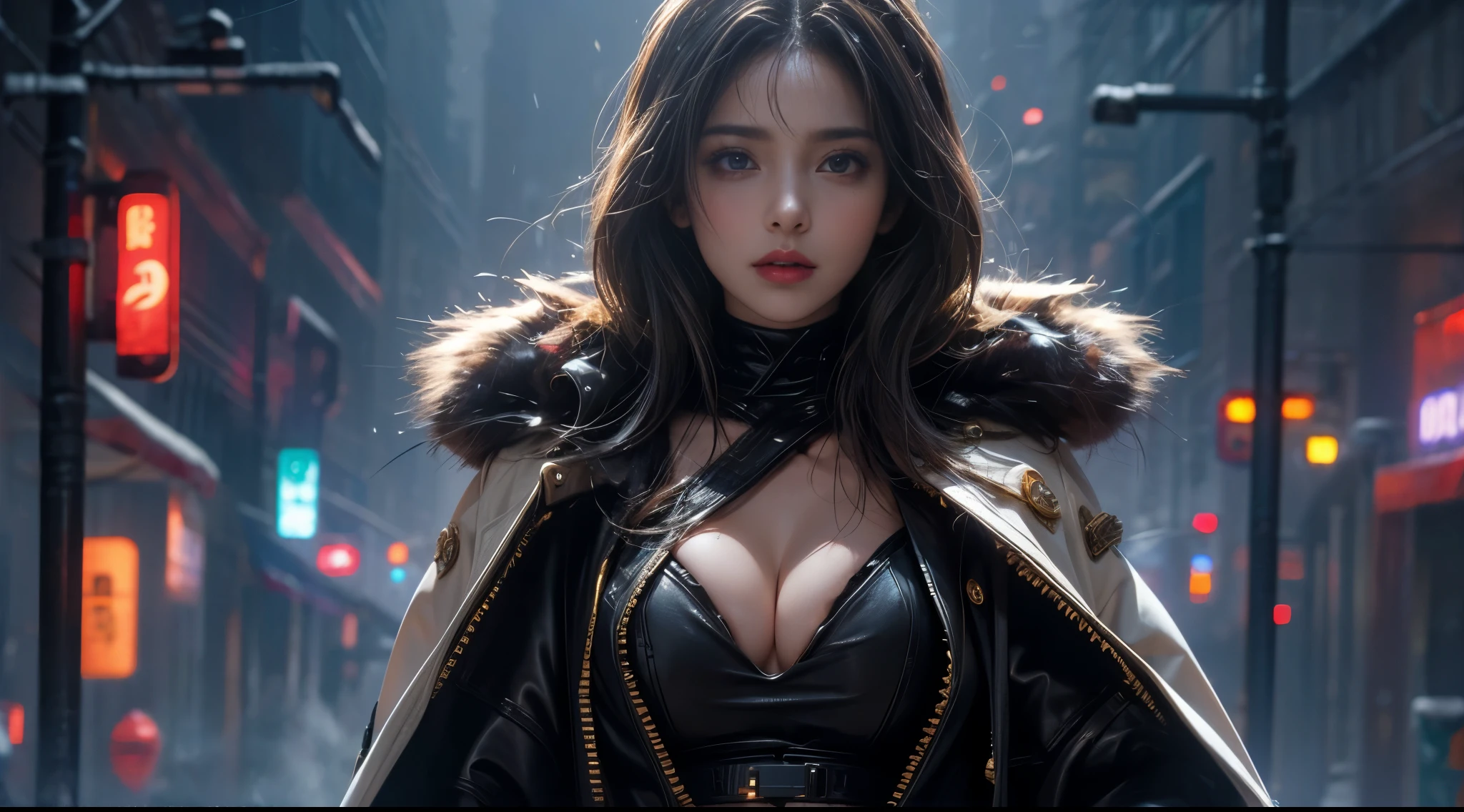 masterpiece,quality,Best quality,official art,(Beauty and Aesthetics:1.2),(masterpiece:1.3),city of the future,cyberpunk characters,a girl,fur coat,No underwear,Sexy figure,looking at camera,(Close-up cleavage:1.8),volumetric fog,snow,snow,drama,night,Christmas