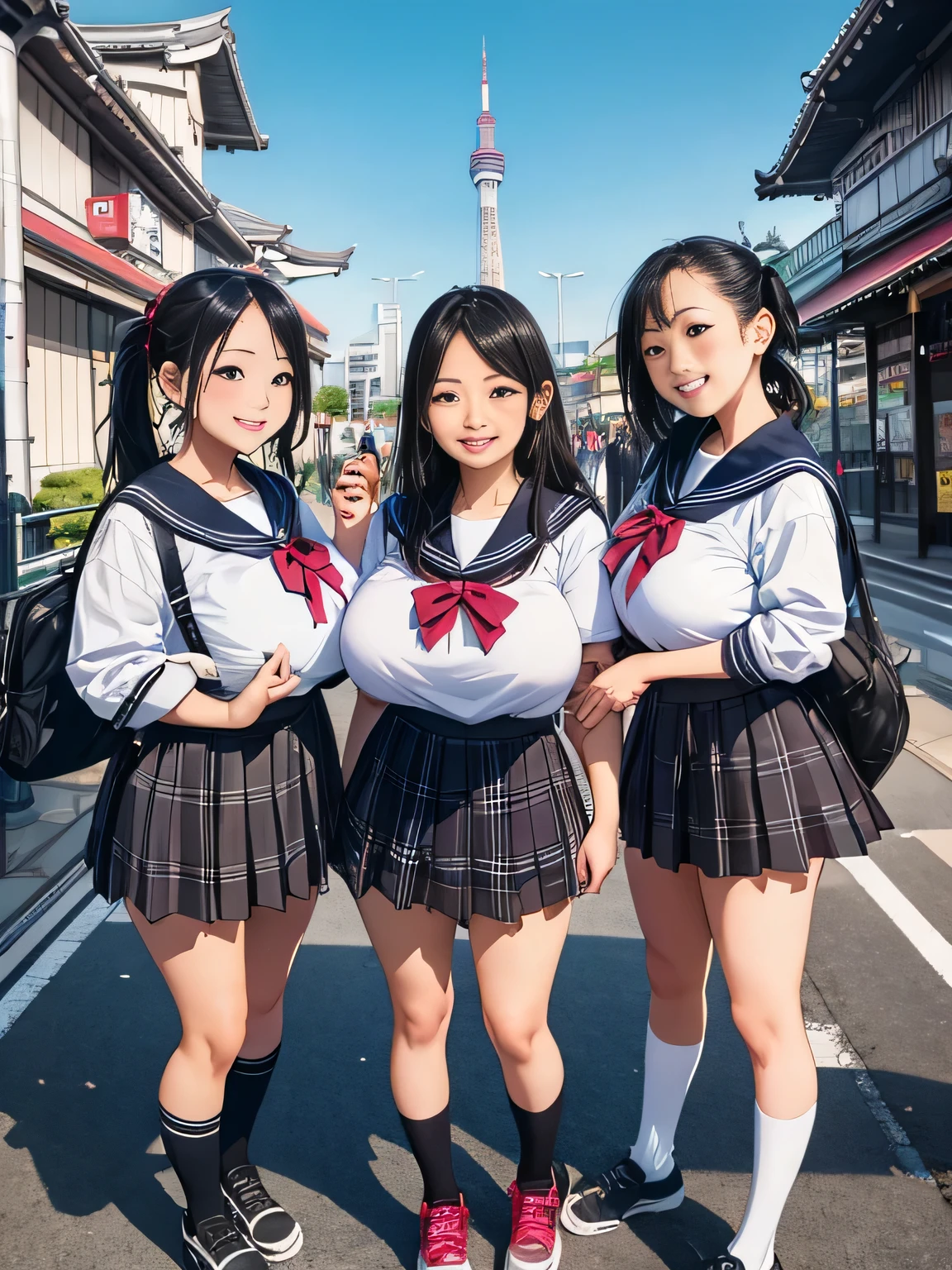 20th generation women, 4 girls aid costumes)), micro bikini, sailor collar, plaid mini skirt, petticoat, thin pantyhose, amusement park, smile, dancing, huge breasts, cute hairstyle,sexual expression、perfect body、huge breasts、emphasize cleavage