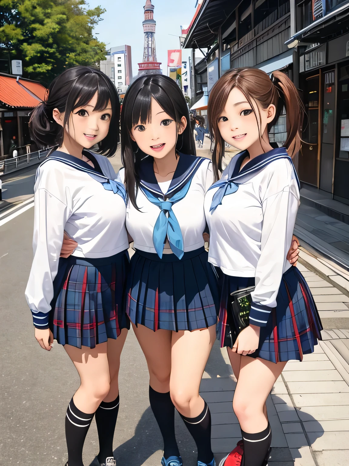 (8k、RAW photo、highest quality)、detailed background、beautiful and detailed face、beautiful and smooth skin、skin texture、professional lighting、Beautiful age girl、((three women))、(huge breasts: 1.2)、
short sailor suit、Pleated mini skirt with tartan plaid pattern、side pony、ponytail、cute hairstyle、白いニーhigh socks、high socks、
school trip、laughter、smile、sexual expression、Tokyo Tower、Sky tree、Sensoji Temple、You can also take photos with famous landmarks and symbols of your travel destination.、Take group and individual photos at famous tourist spots、
Enjoy panoramic views、Pose with buildings and landscapes in the background、