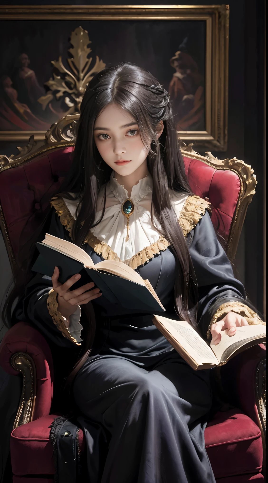 Oil painting of a young woman with long hair in a velvet dressing gown sitting on a tall wingback chair and reading a large book, In the Gothic library, Dark dramatic lighting, deep shadow, classic color palette, super detailed, elegant, Fine art, Exciting,Gustave Moreau, Sgt., Alphonse Mucha, abstract expressionism