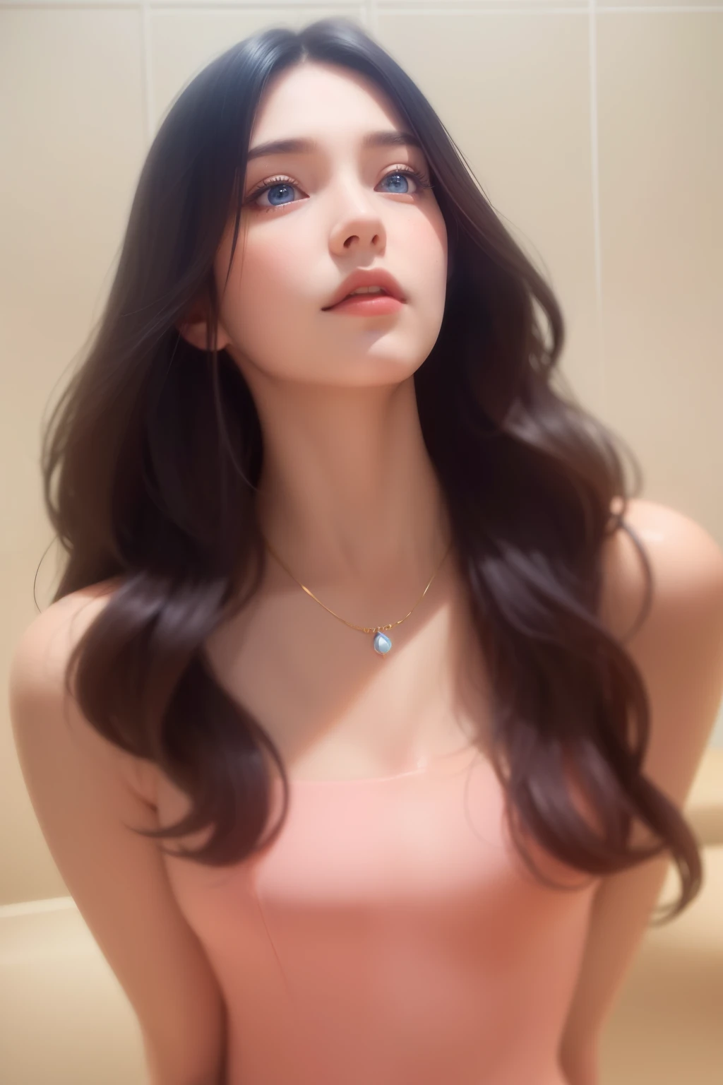 Beautiful big breastokeh), indoors, detailed luxury living room, gentle and charming beautiful goddess, Korean(kpop-idol), solo, necklace, oval face, double eyelids, smart, good hands, good feet, Natural, (from below angle), (glossy skin:1.05), ((low angle)), Perfect figure, (64k, UHD, RAW photo, best quality, masterpiece:1.4), (realistic, photo-realistic:1.37), ultra high res, photon mapping, radiosity, physically-based rendering, professional soft lighting, blue eyes, purpel hair