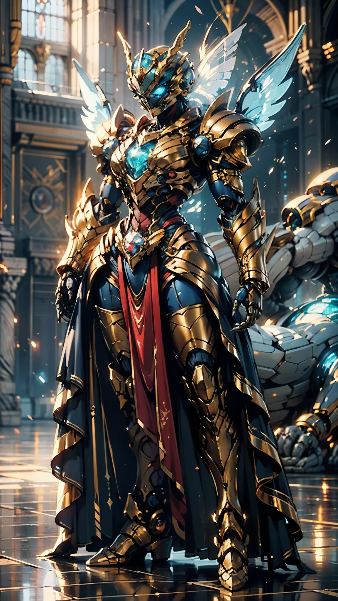 A woman adorned in fantasy-style full-body armor, a crown-concept fully enclosed helmet that unveils only her eyes, a composite layered chest plate, fully encompassing shoulder and hand guards, a lightweight waist armor, form-fitting shin guards, the overall design is heavy-duty yet flexible, (the armor gleams with a golden glow, complemented by red and blue accents), exhibiting a noble aura, she floats above a fantasy-surreal high-tech city, this character embodies a finely crafted fantasy-surreal style armored hero in anime style, exquisite and mature manga art style, (mixture of Queen bee and Spider concept Armor, plasma), ((Element, elegant, goddess, femminine:1.5)), metallic, high definition, best quality, highres, ultra-detailed, ultra-fine painting, extremely delicate, professional, anatomically correct, symmetrical face, extremely detailed eyes and face, high quality eyes, creativity, RAW photo, UHD, 32k, Natural light, cinematic lighting, masterpiece-anatomy-perfect, masterpiece:1.5
