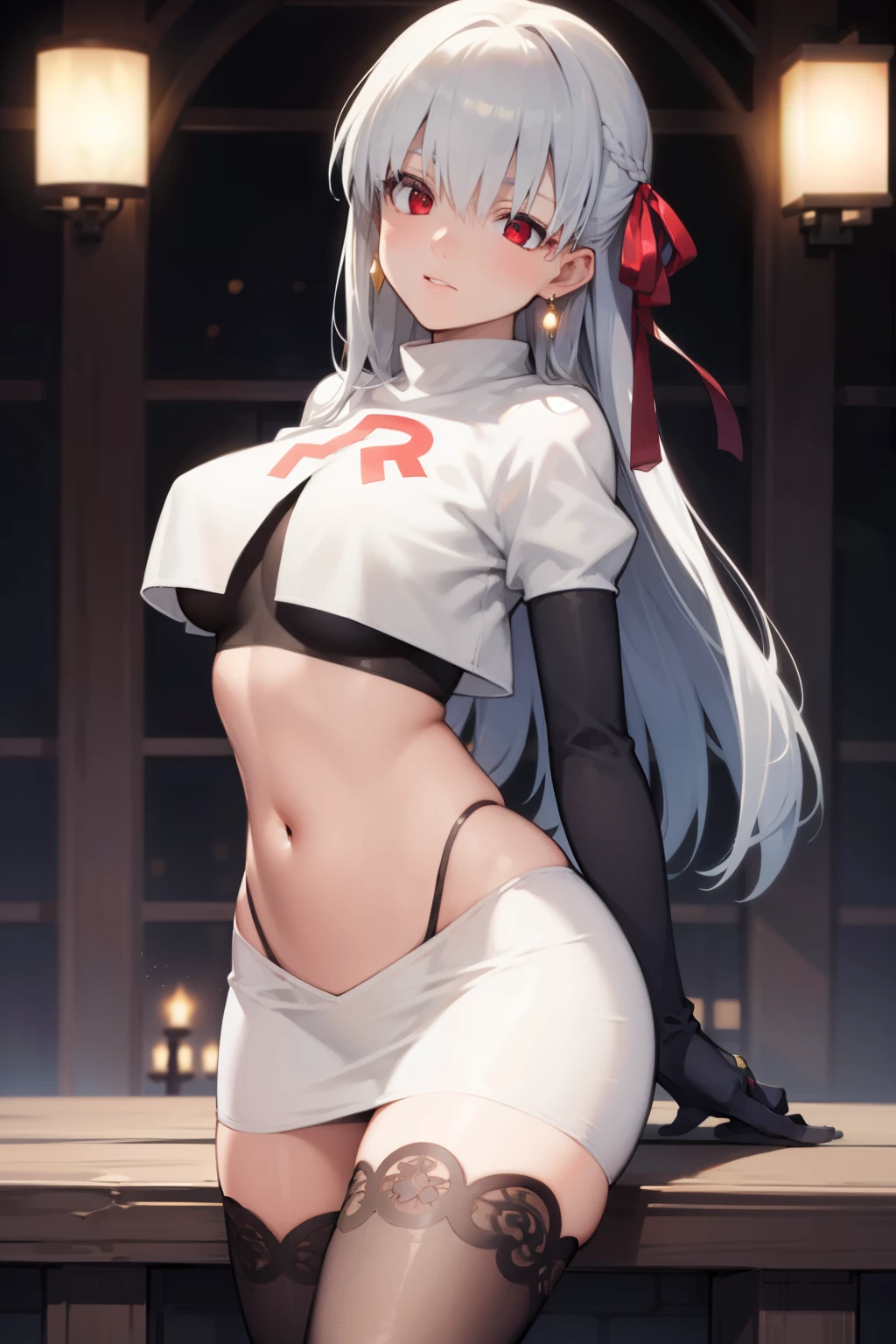 fgokama, kama, hair ribbon, (red eyes:1.5), red ribbon, ribbon, long hair, white hair,
BREAK earrings, jewelry, ring, team rocket,team rocket uniform,white skirt,red letter R,crop top,black thigh-highs,black elbow gloves
BREAK looking at viewer,
BREAK (masterpiece:1.2), best quality, high resolution, unity 8k wallpaper, (illustration:0.8), (beautiful detailed eyes:1.6), extremely detailed face, perfect lighting, extremely detailed CG, (perfect hands, perfect anatomy),