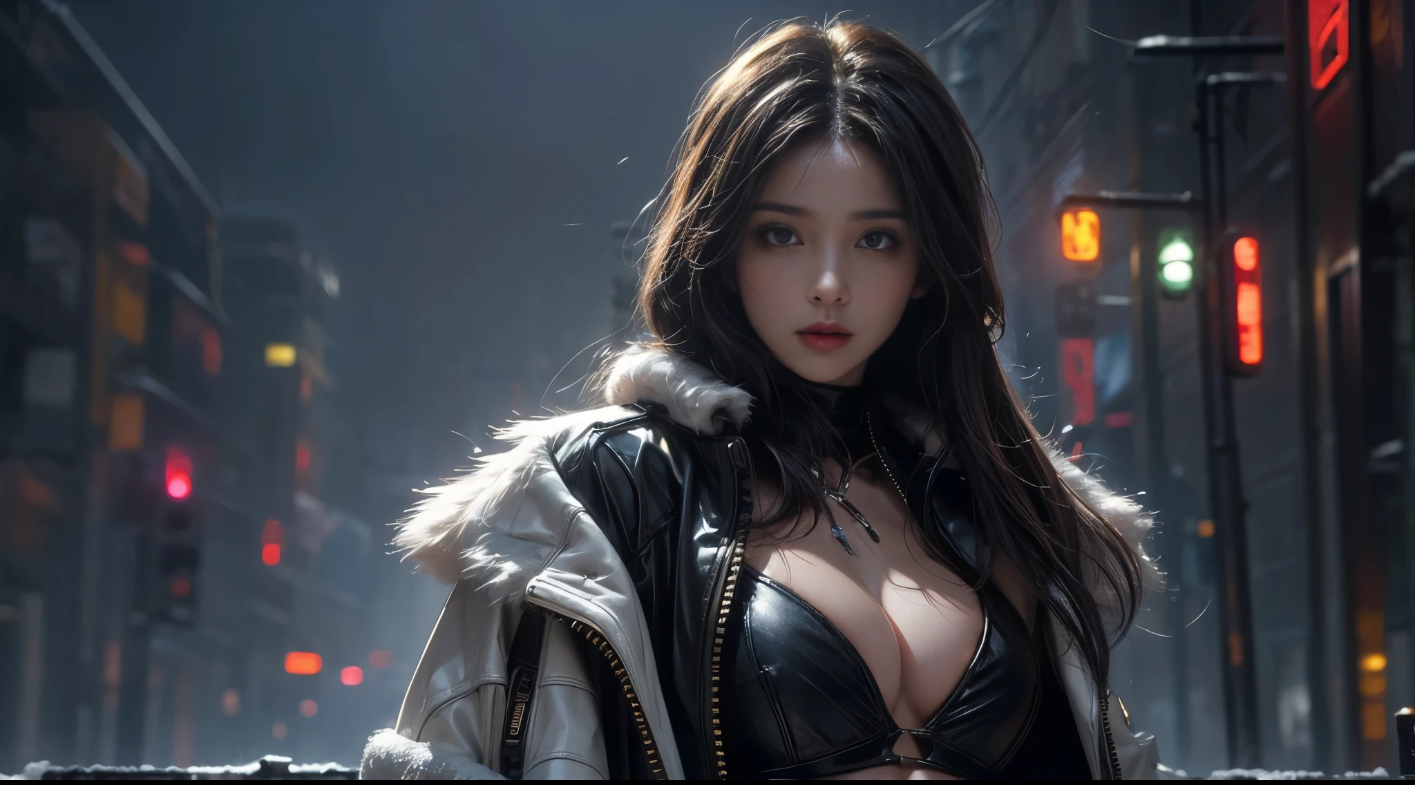 masterpiece，quality，Best quality，official art，（Beauty and Aesthetics：1.2），（masterpiece：1.3），city of the future，cyberpunk characters，a girl，fur coat，No underwear，Sexy figure，looking at camera，（Close-up cleavage：1.8），volumetric fog，snow，snow，drama，night，Christmas