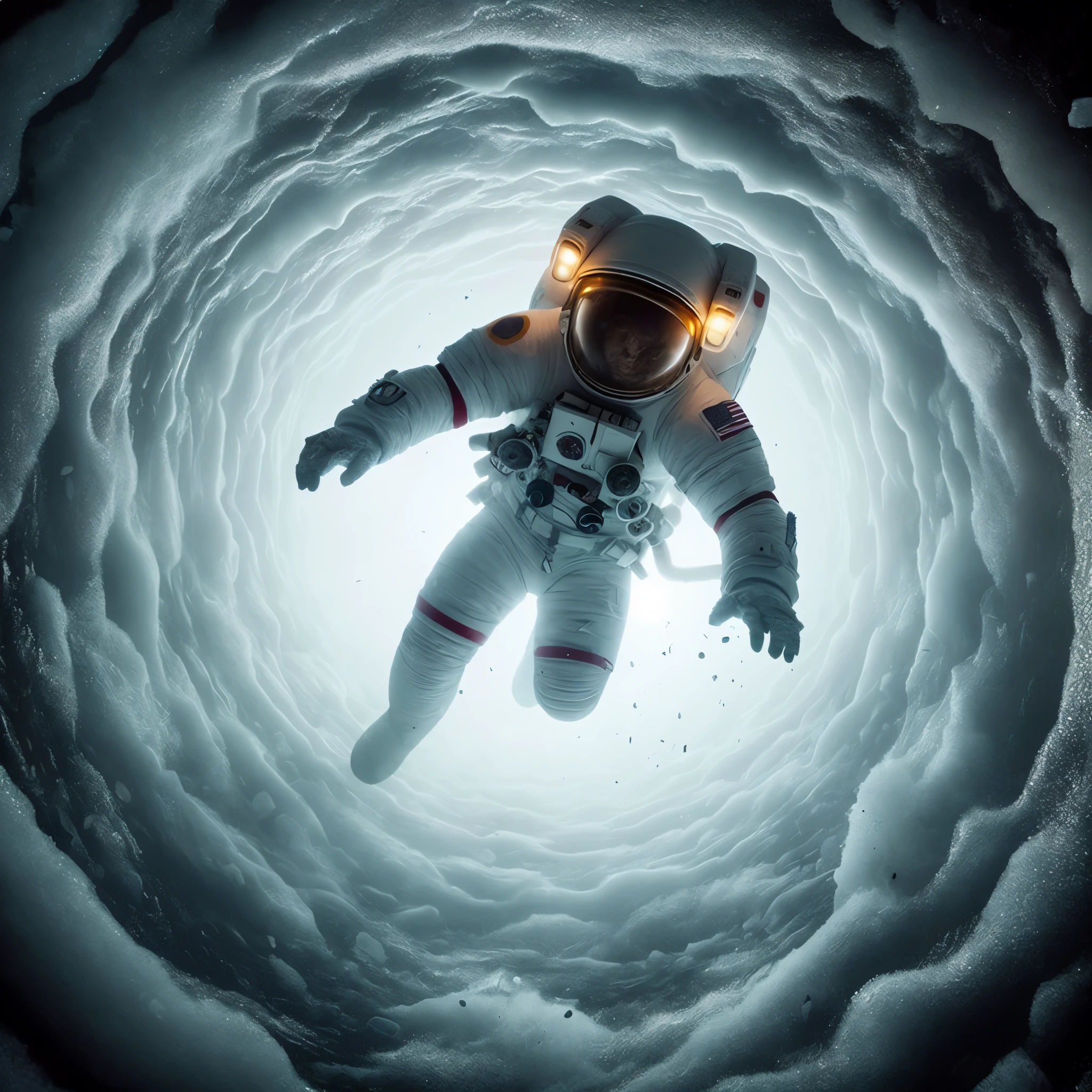 an astronaut floating in a hole with a light on his face, astronaut lost in liminal space, astronaut below, an astronaut lost in the ocean, swimming in space, an astronaut floating in space, astronaut floating in space, an astronaut in space, an astronaut is under the sea, astronaut in space, floating in deep space, astronaut in the ocean, astronaut