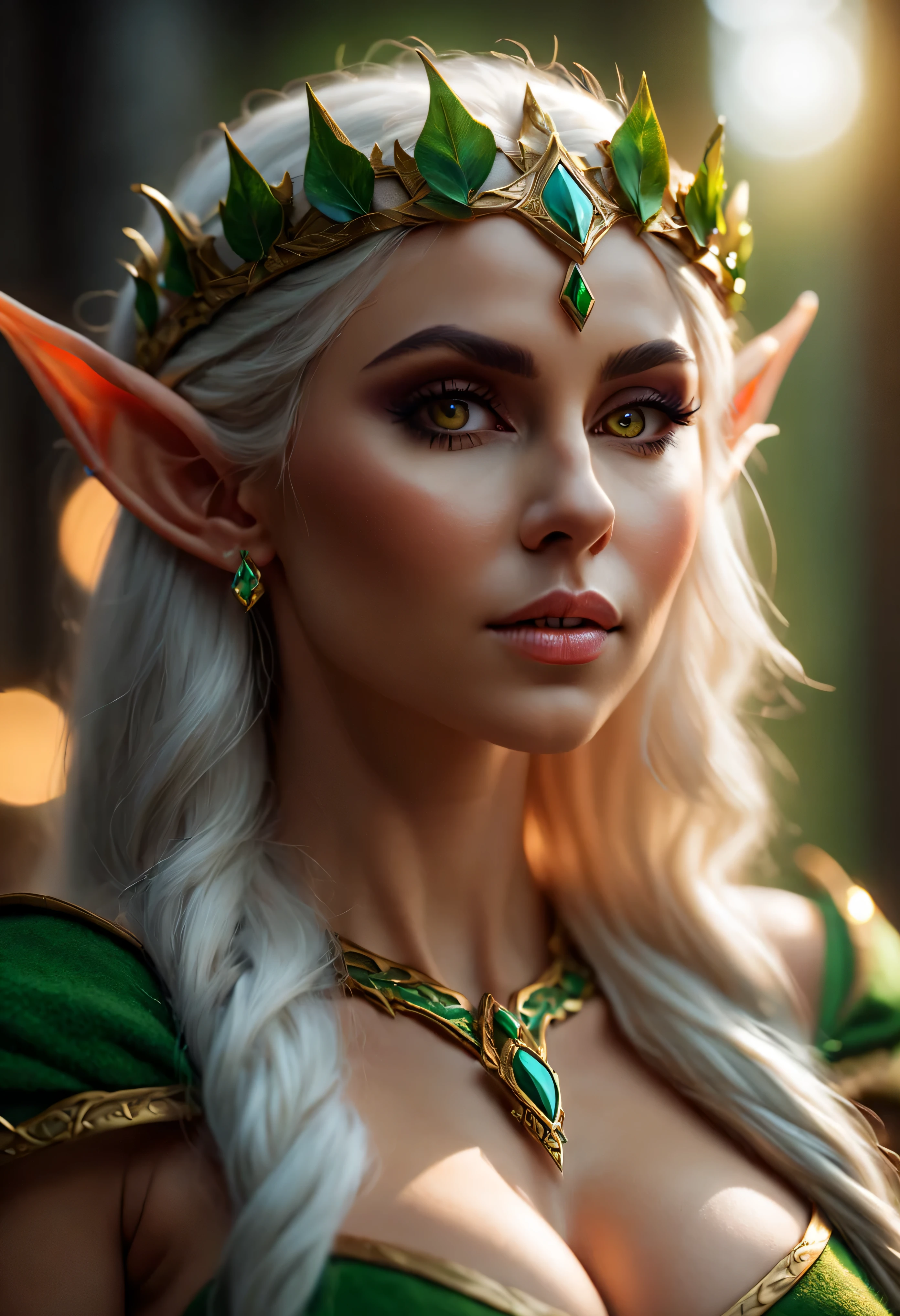 4k highly detailed realistic digital extremely high quality RAW photograph, a portrait photo of a fantasy elf queen, bimbo, seductive, sexy, large breasts, epic, hyperrealistic, hyperrealism, 8k, cinematic lighting, (f1.8 short focus bokeh), perfecteyes