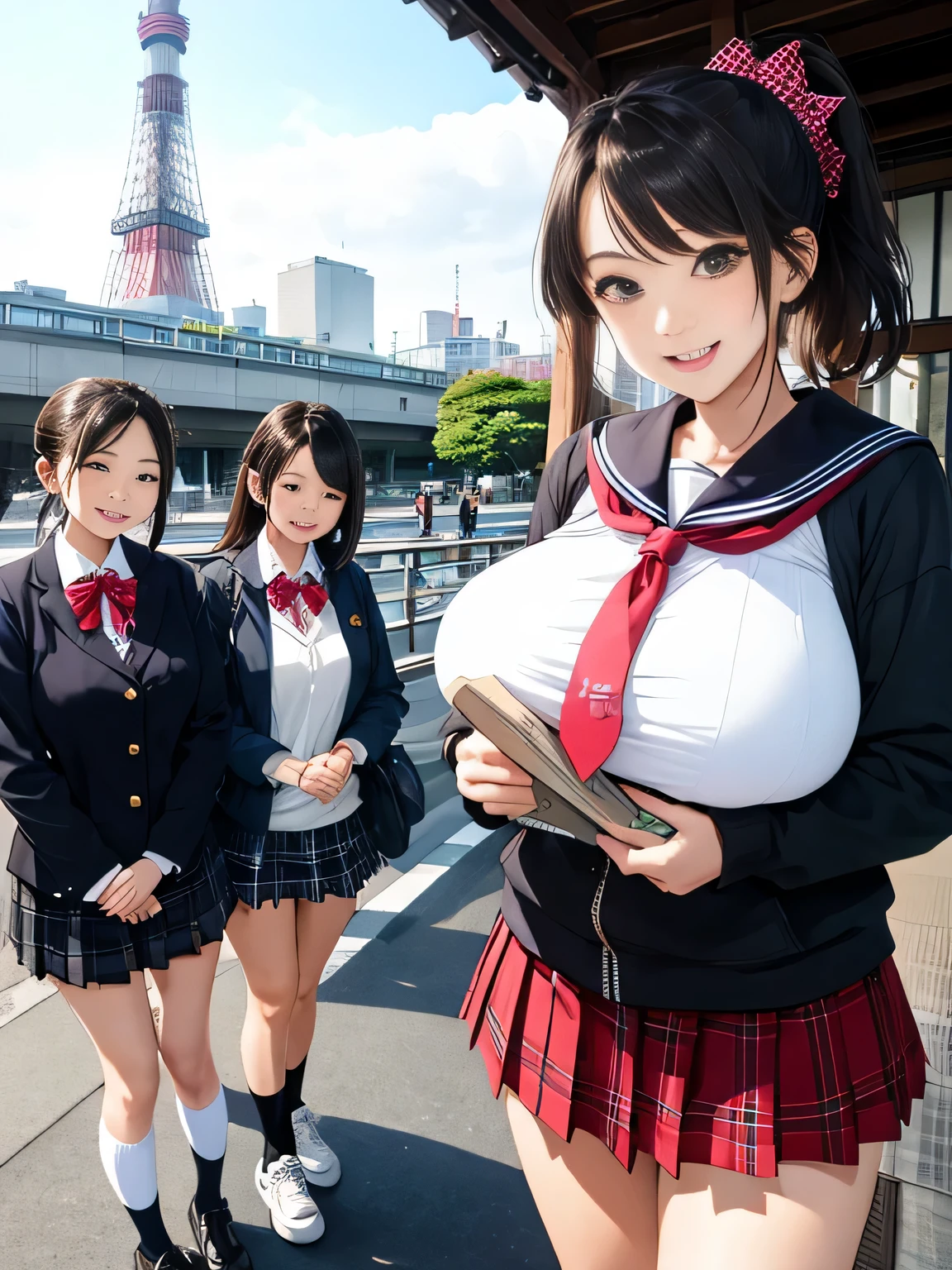 highest quality、High resolution、detailed background、beautiful and detailed face、beautiful and smooth skin、skin texture、professional lighting、Beautiful  girl、((three women))、(huge breasts: 1.2)、

short sailor suit、Pleated mini skirt with tartan plaid pattern、side pony、ponytail、cute hairstyle、白いニーhigh socks、high socks、
school trip、laughter、smile、sexual expression、Tokyo Tower、Sky tree、Sensoji Temple、You can also take photos with famous landmarks and symbols of your travel destination.、Take group and individual photos at famous tourist spots、
Enjoy panoramic views、Pose with buildings and landscapes in the background、