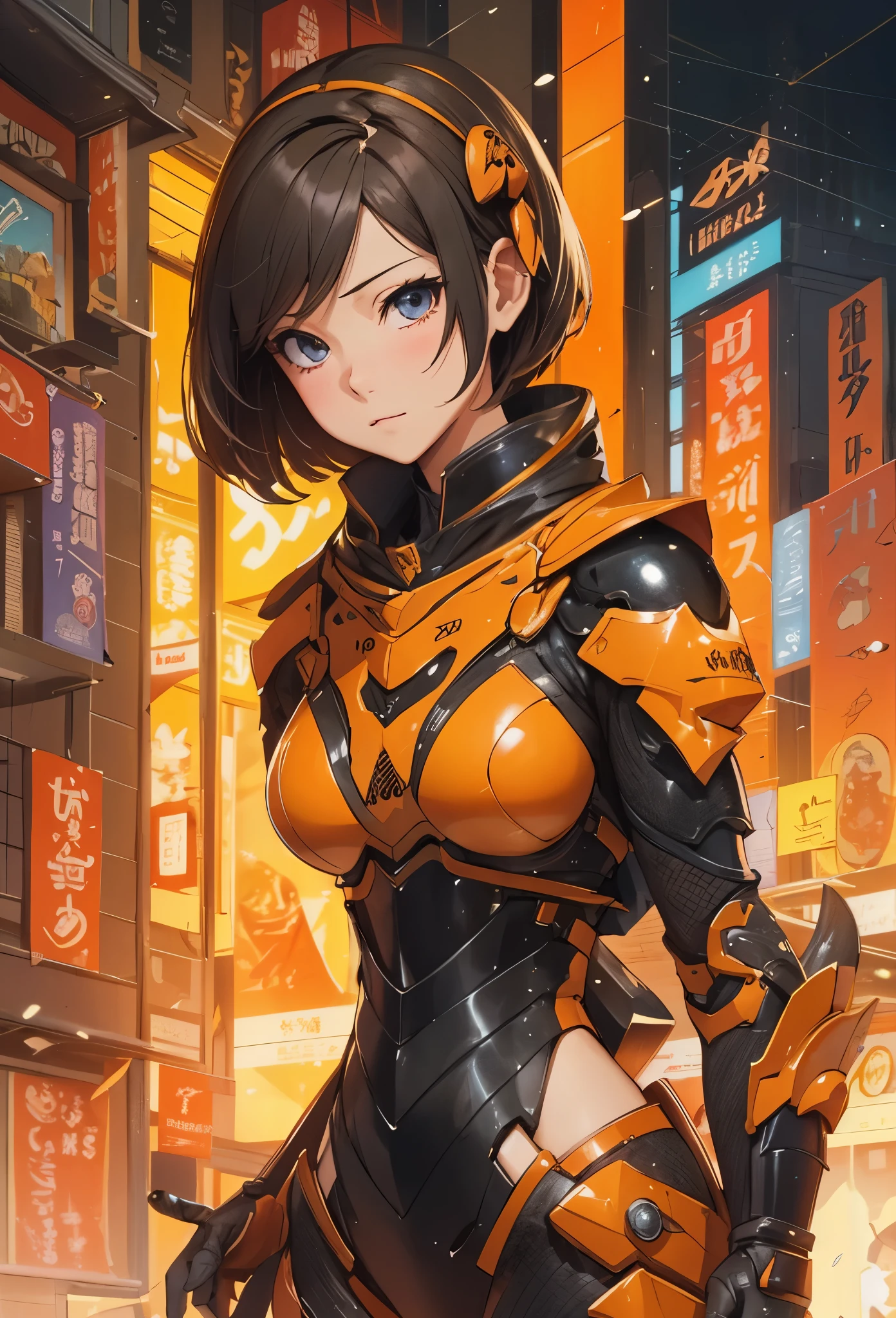 ((Highly accurate drawing in every detail)Extremely precise depiction)[High resolution],(detailed illustrations,とてもfineで緻密な描画,Delicate drawn lines with tempo,Realistic texture expression),[color traced main line],[Shinjuku background at night],(ANIME) (NINJAGirl (beautiful) ) muscular [slim body] short bob cut,([wasp] Orange Ninja Battle Armor) scarf [Stall] ((Fitting rubber inner) [honeycomb] [edge]) hair ornaments (Dull metallic luster:0.8),gravure [KUNOICHI],[high contrast:0.6],(複雑でbeautiful装飾 [Dense detail]),(きめ細やかでbeautiful肌表現 [transparency]),((Precisely drawn eyes))[完璧な目のdetailed((宝石のようなbeautiful瞳)Iris drawn in precise detail)[clearly drawn pupils]],[eye light[Pinpoint lighting for the eyes]],[長くてbeautiful睫毛],[precisely drawn hair [美しく艷やかな髪のdetailed]],(完璧な手のdetailed [Fingers without breakdown [beautiful nails]]),(perfect anatomy(perfectly balanced proportions))[[full body portrait]],[[Highly constructed design]][ideal color coordination(Accurate simulation of light and material interactions)],([precision detail](detailed,高fine)),[Visual art that tells a story],((highest quality)fine[[High density drawing]])(4K quality).