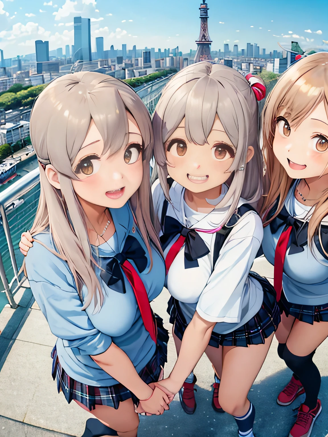 highest quality、High resolution、detailed background、beautiful and detailed face、beautiful and smooth skin、skin texture、professional lighting、Beautiful girl、((three women))、(huge breasts: 1.2)、
short sailor suit、Pleated mini skirt with tartan plaid pattern、side pony、ponytail、cute hairstyle、白いニーhigh socks、high socks、
school trip、laughter、smile、sexual expression、Tokyo Tower、Sky tree、Sensoji Temple、You can also take photos with famous landmarks and symbols of your travel destination.、Take group and individual photos at famous tourist spots、
Enjoy panoramic views、Pose with buildings and landscapes in the background、