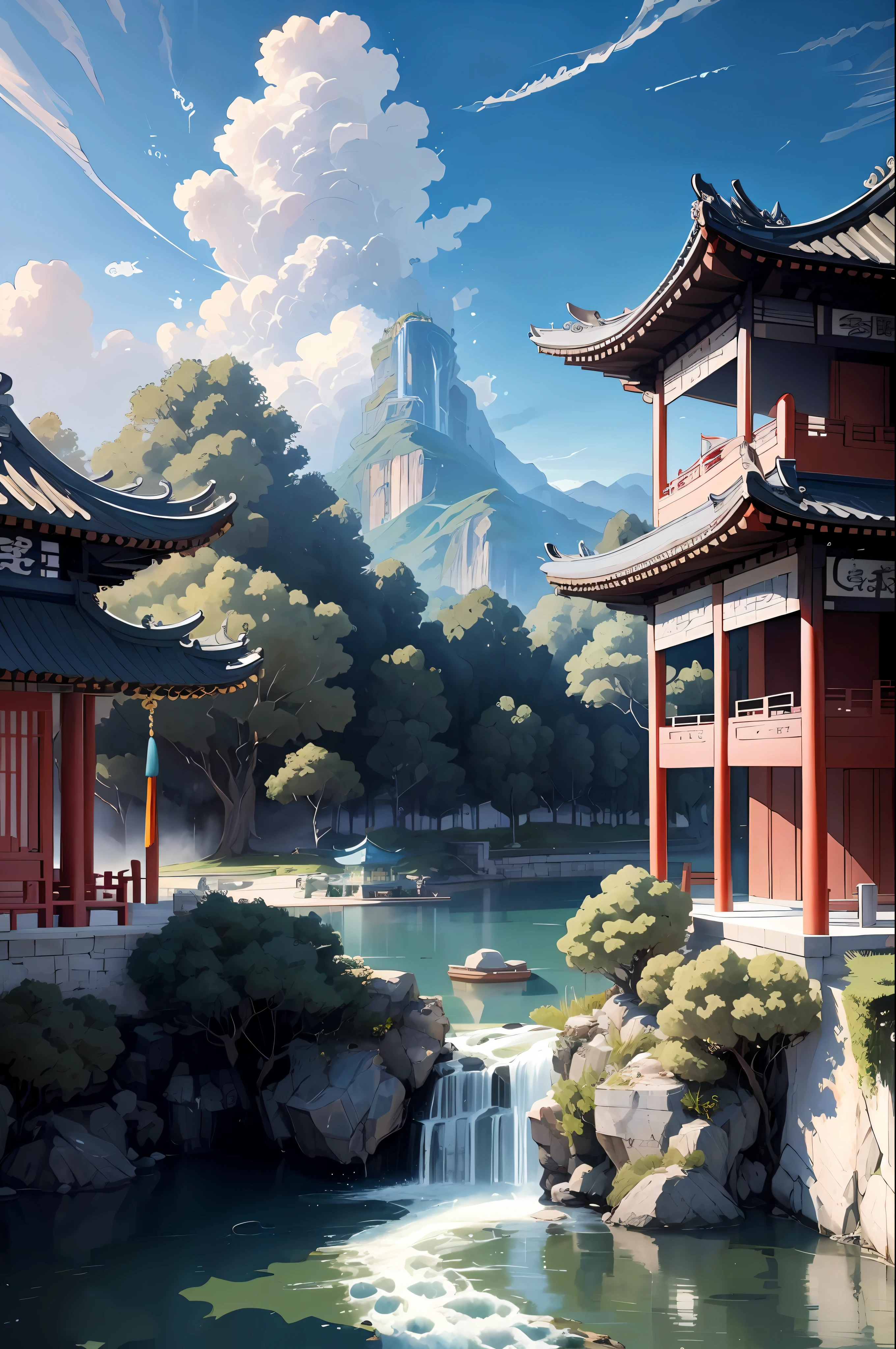 Uma antiga pintura chinesa, ancient chinese background, montanhas, rios, nuvens auspiciosas, pavilions, luz do sol, obras-primas, Super detalhe, epic composition, ultra hd, alta qualidade, extremamente detalhado, arte oficial, Papel de parede unificado de 8k, Super detalhe, 32k - v.6