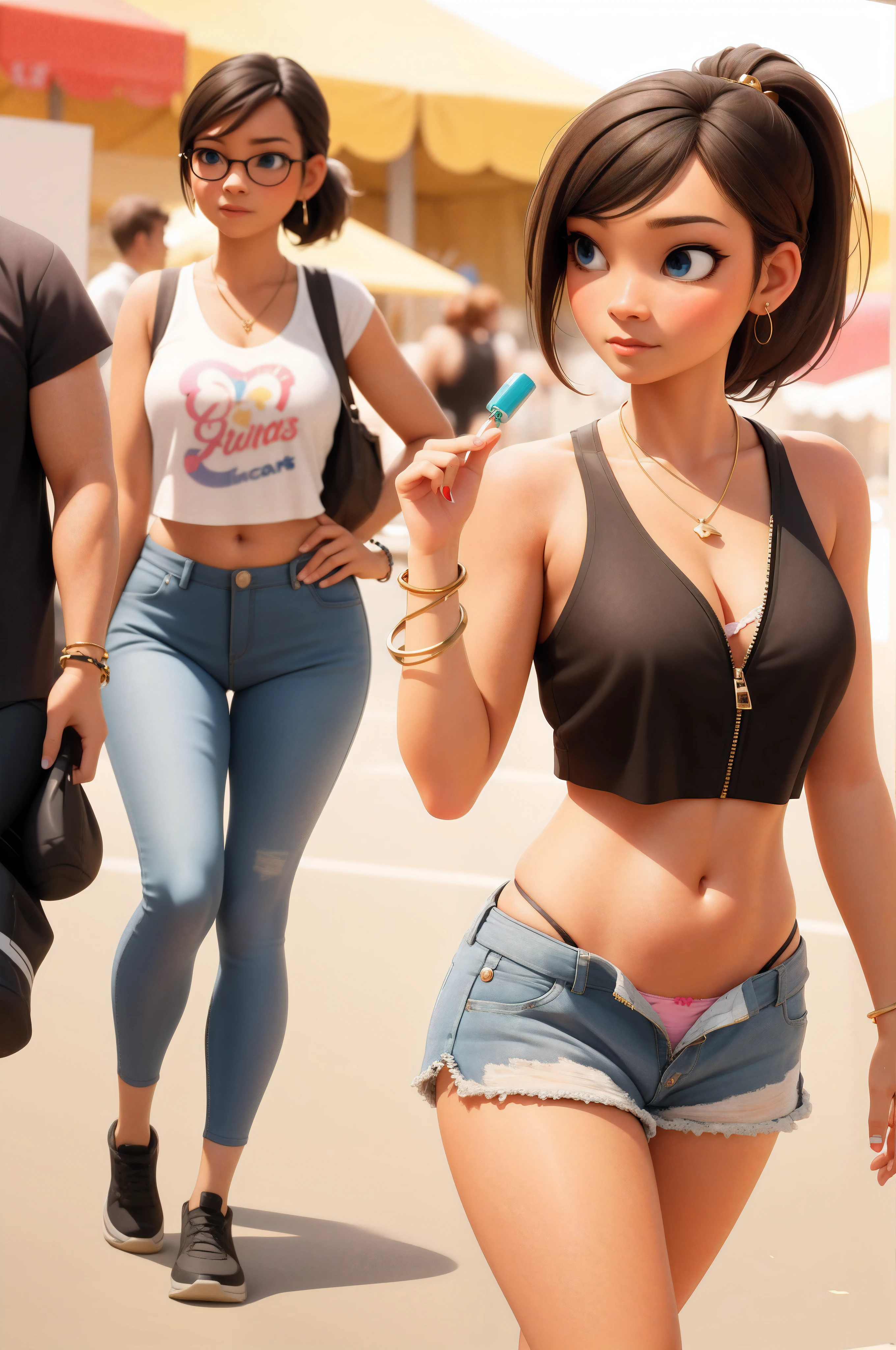 sexy female, brown hair, blue eyes, ponytail, crop top, unzipped short shorts, PANTIES, bracelet, earrings, golden necklace, walking at a carnival