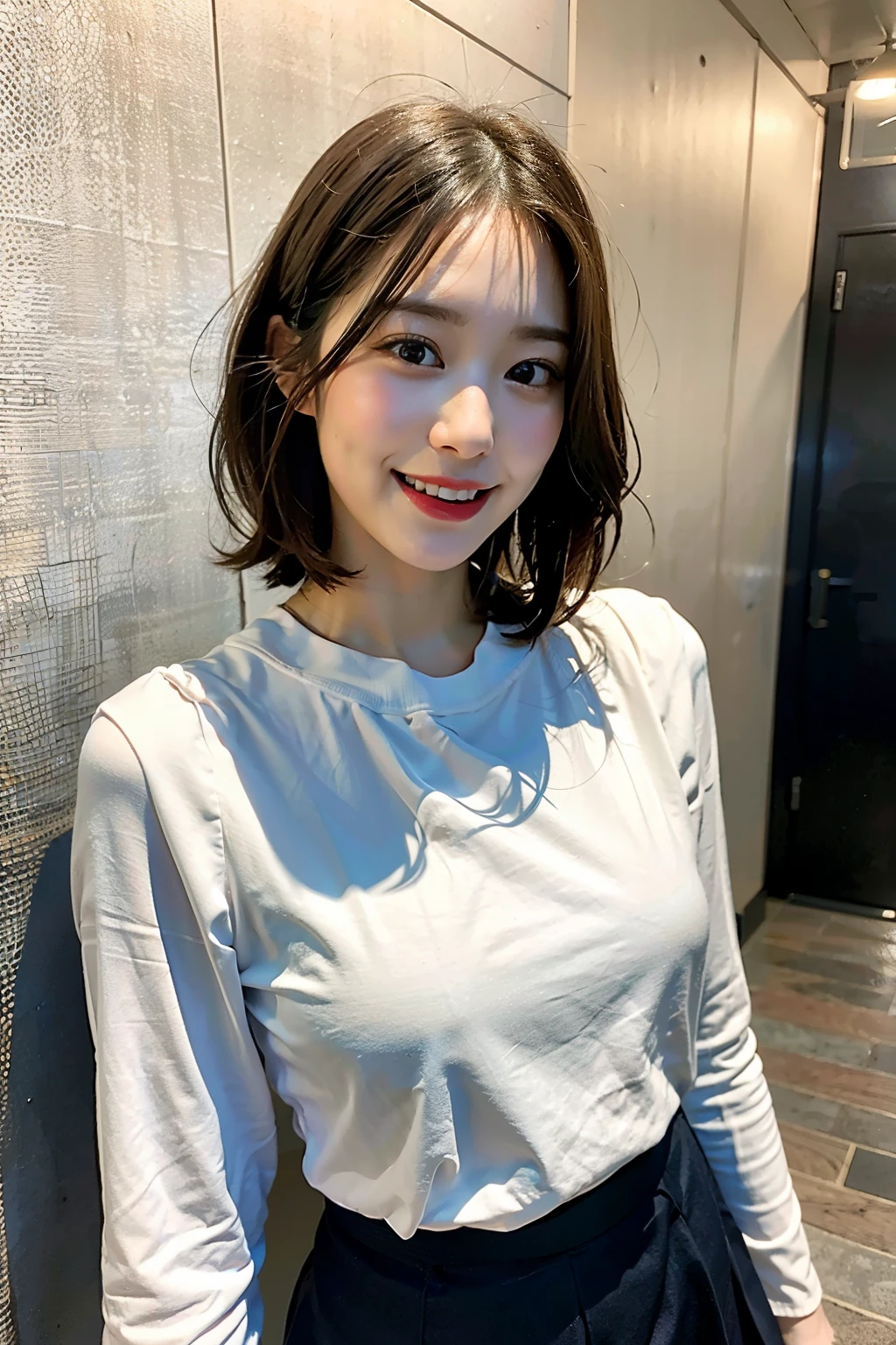 highest quality, ultra high resolution, (realistic:1.4), 1 girl, 26 years old、round face、very short hair、white blouse、open blouse, short black tight skirt, looking at the viewer, ふっくらしたround face、half open mouth、big mouth、overbite、ecstatic expression、blush:2.0、