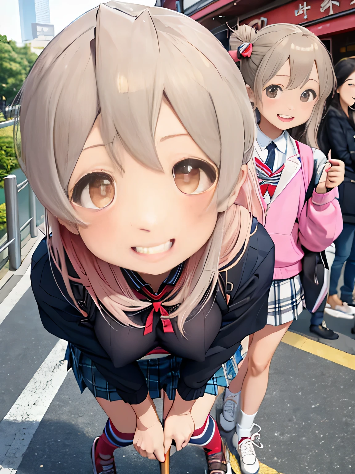 highest quality、High resolution、detailed background、beautiful and detailed face、beautiful and smooth skin、skin texture、professional lighting、Beautiful girl、((three women))、(huge breasts: 1.2)、
short sailor suit、Pleated mini skirt with tartan plaid pattern、side pony、ponytail、cute hairstyle、白いニーhigh socks、high socks、
school trip、laughter、smile、sexual expression、Tokyo Tower、Sky tree、Sensoji Temple、You can also take photos with famous landmarks and symbols of your travel destination.、Take group and individual photos at famous tourist spots、
Enjoy panoramic views、Pose with buildings and landscapes in the background、