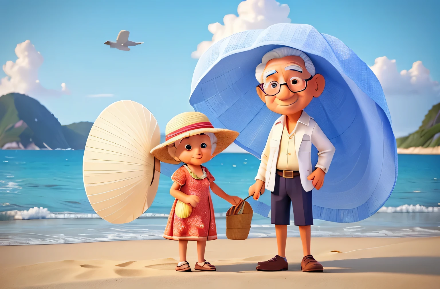 beach background, lovely couple grandmother wearing a beach hat and grandfather