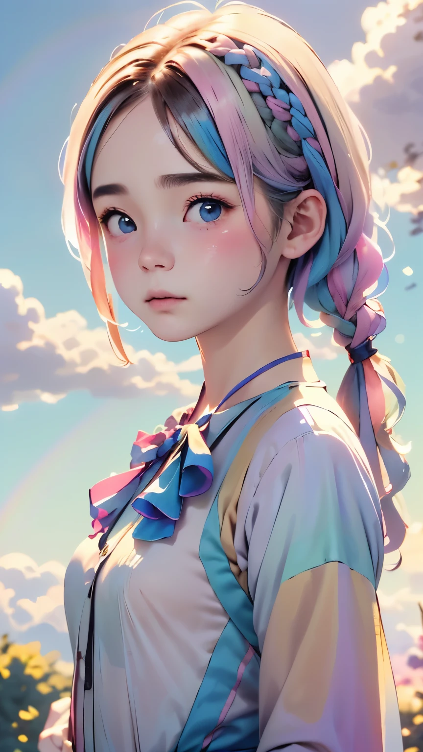 one girl、１２talent、Magical girl、anatomy、french braid、anime style、small breasts、cute face、cute clothes、combat uniform、、(((The background is pastel colored clouds:1.5、rainbow、blurred background)))、highest quality、High resolution、High resolution、cinematic lighting、professional photographer