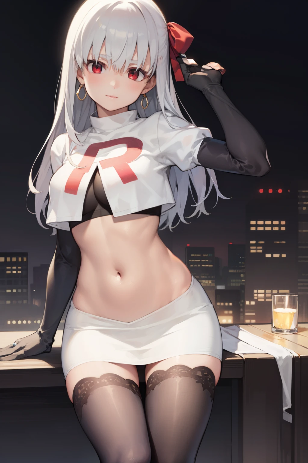 fgokama, kama, hair ribbon, (red eyes:1.5), red ribbon, ribbon, long hair, white hair,
BREAK earrings, jewelry, ring, team rocket,team rocket uniform,white skirt,red letter R,crop top,black thigh-highs,black elbow gloves
BREAK looking at viewer,
BREAK (masterpiece:1.2), best quality, high resolution, unity 8k wallpaper, (illustration:0.8), (beautiful detailed eyes:1.6), extremely detailed face, perfect lighting, extremely detailed CG, (perfect hands, perfect anatomy),