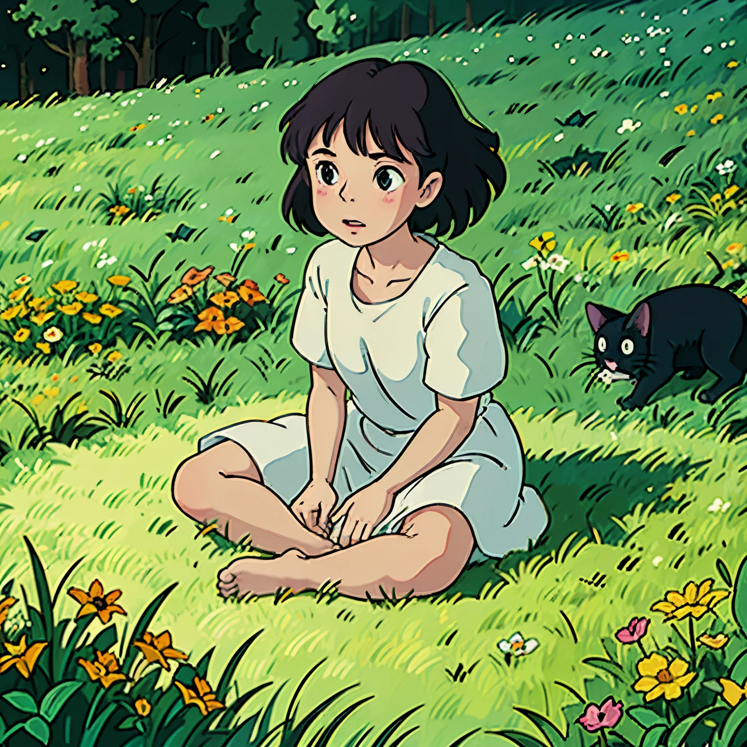 Girl having a picnic with cat in the middle flower meadow (results in cartoon style)