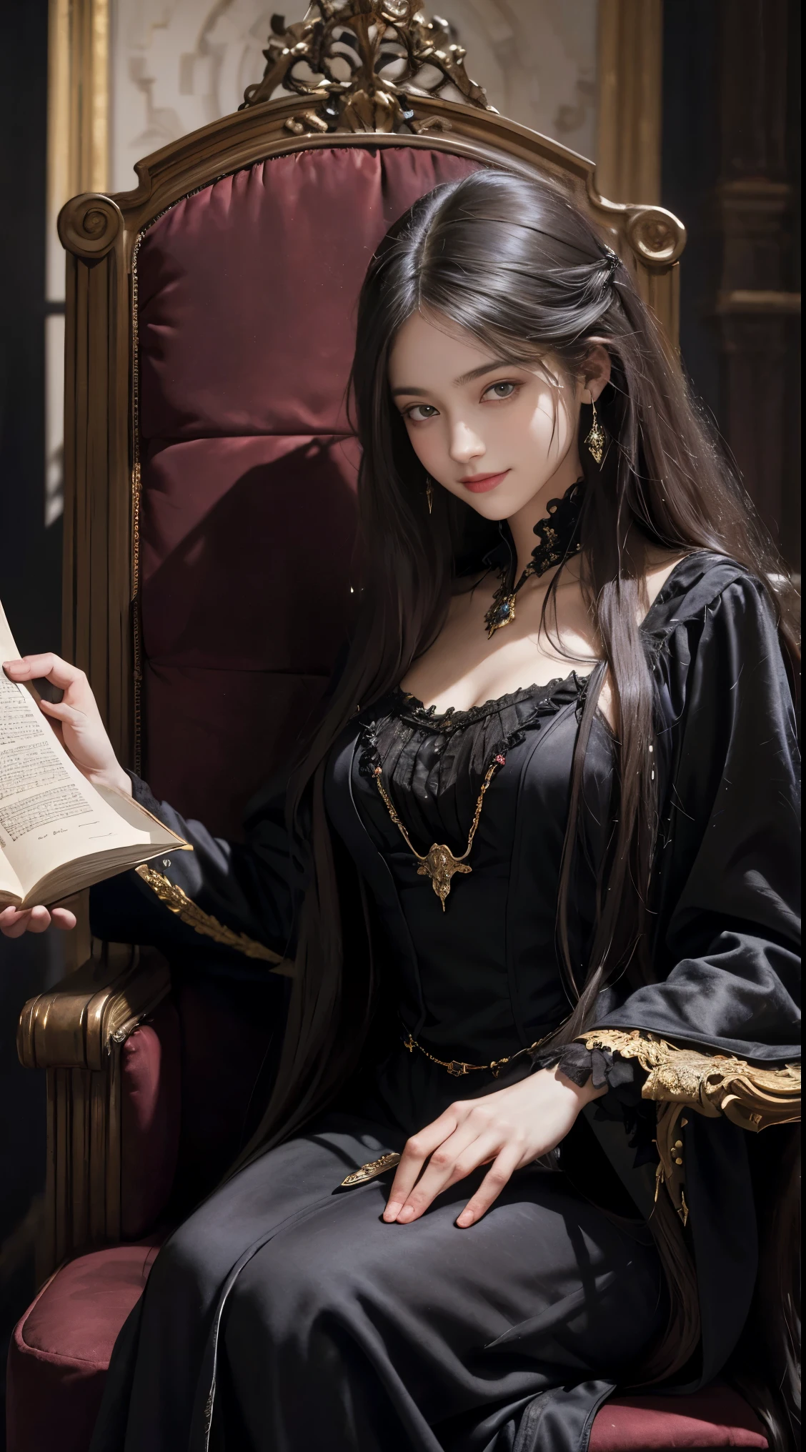 Oil painting of a young woman with long hair in a velvet dressing gown sitting on a tall wingback chair and reading a large book, In the Gothic library, Dark dramatic lighting, deep shadow, classic color palette, super detailed, elegant, Fine art, Exciting,Gustave Moreau, Sgt., Alphonse Mucha, abstract expressionism、shy smile on face、