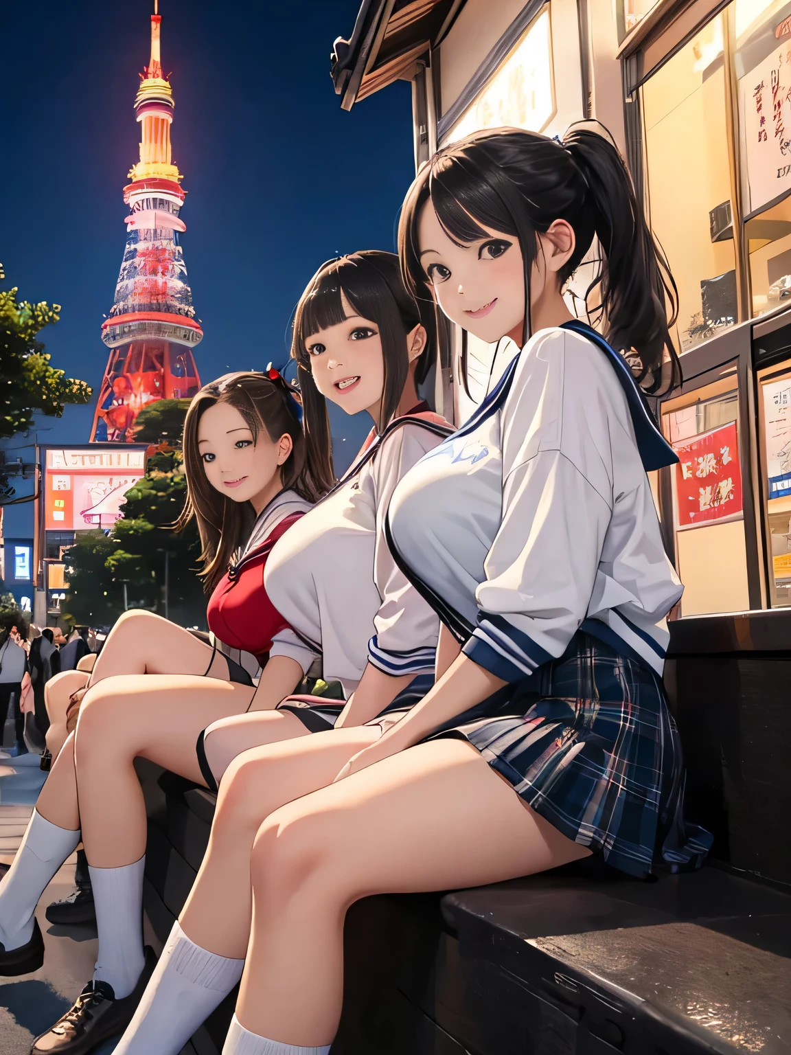 highest quality、High resolution、detailed background、beautiful and detailed face、beautiful and smooth skin、skin texture、professional lighting、Beautiful  girl、((three women))、(huge breasts: 1.2)、

short sailor suit、Pleated mini skirt with tartan plaid pattern、side pony、ponytail、cute hairstyle、白いニーhigh socks、high socks、
school trip、laughter、smile、sexual expression、Tokyo Tower、Sky tree、Sensoji Temple、You can also take photos with famous landmarks and symbols of your travel destination.、Take group and individual photos at famous tourist spots、
Enjoy panoramic views、Pose with buildings and landscapes in the background、