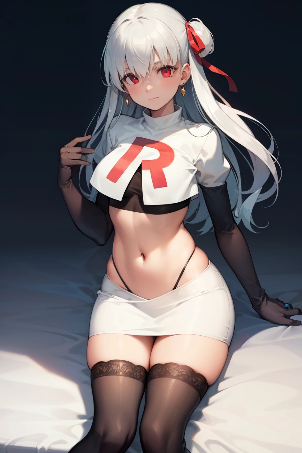 fgokama, kama, hair ribbon, (red eyes:1.5), red ribbon, ribbon, long hair, white hair,
BREAK earrings, jewelry, ring, team rocket,team rocket uniform,white skirt,red letter R,crop top,black thigh-highs,black elbow gloves
BREAK looking at viewer,
BREAK (masterpiece:1.2), best quality, high resolution, unity 8k wallpaper, (illustration:0.8), (beautiful detailed eyes:1.6), extremely detailed face, perfect lighting, extremely detailed CG, (perfect hands, perfect anatomy),