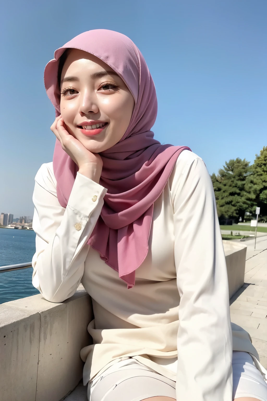 ((Best quality, 8k, Masterpiece :1.37)), (wear hijab girls), girls wear hijab, (taking pictures from face to thighs:1.37), style model, (girls wearing hijab moslem), beautiful face, face bukkake, 18 years old girls, hair black, ultra detailed face, ultra detailed body, slim body, lips smile, Beautiful detailed eyes, eyes korean, detailed nose, Natural Lip, ((Lips Smile)), face smile, Wear hijab moslem, fancy jubba thobbe, big breasts, view of the blue sky, Slim Body, realistic face, backround people hijab, wear high heels, heels blsck