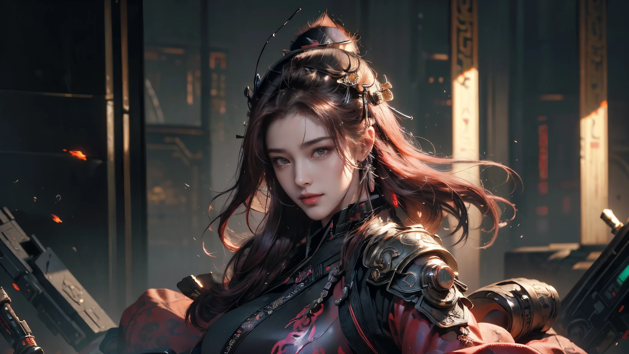 high quality,high resolution,masterpiece,8k,(Hyper-realistic photos),(portrait),digital photography,(Realism:1.4),20 year old girl,Exquisite facial features,purple eyes,red eye shadow,((Cyberpunk style Chinese warrior)),Random hairstyle,(red hair),big breasts,split,(Cyberpunk battle suit that combines science fiction and ancient style,hollow-carved design,Metal shoulder pads,Intricate clothing patterns,bamboo hat),(Show belly button),shut your mouth,frown,Smile,Cold and serious,Extremely meticulous expression,real details,light magic,photo poses,oc render reflection texture