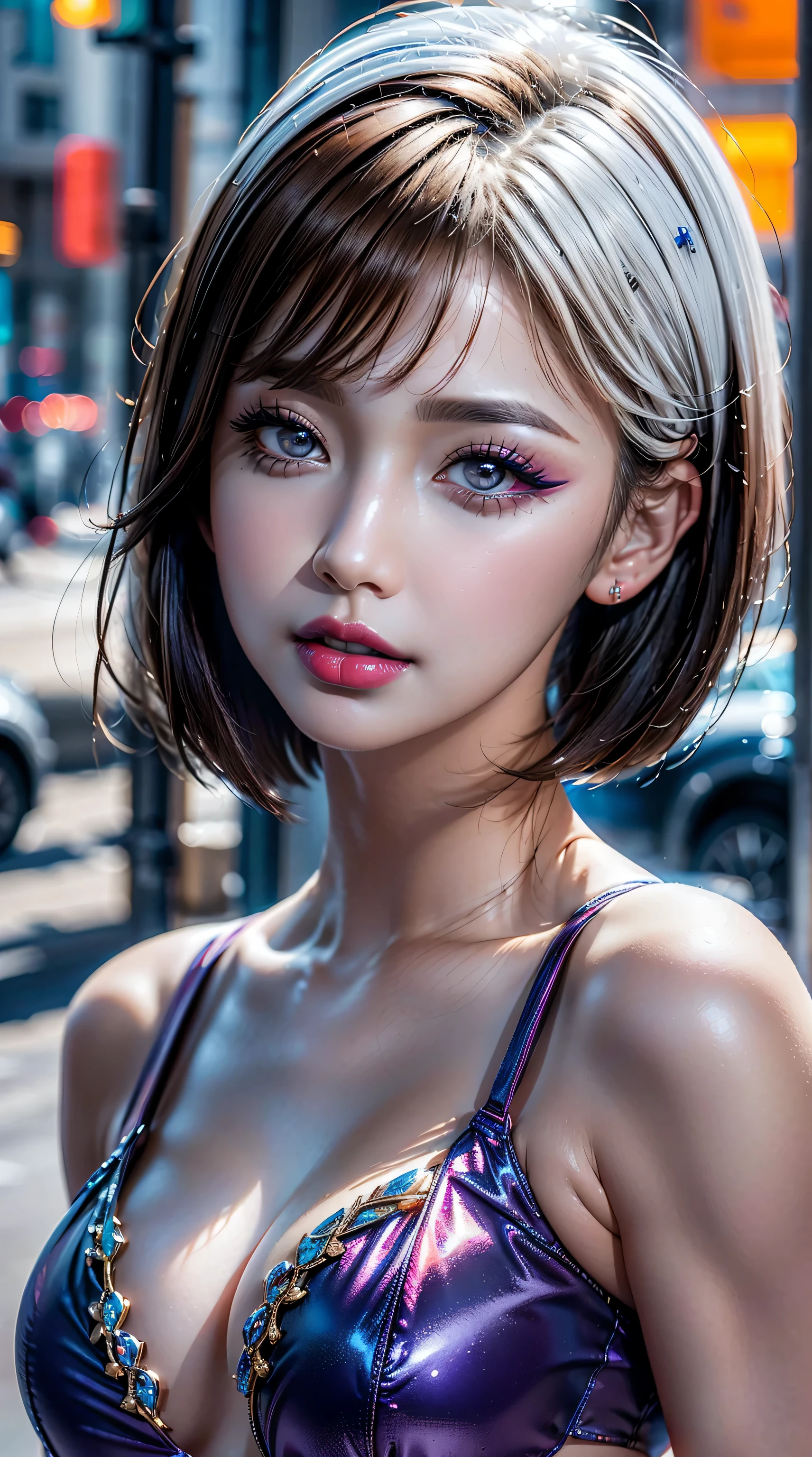 (ultra-detailed primetime portraits)、 ((Ultra-realistic最high quality、 8K、 The ultra -The high-definition))、(beautiful face:1.6)、(detailed face:1.6)、(detailed eyes:1.45)、(detailed lips:1.3)、(Detailed nose:1.2)、1girl:1.3 22years old、fashion supermodel、real:1.5、photorealistic:1.5、very delicate and beautiful、masterpiece, ((absurdres))、 ((sharp fous))、(Glamour, paparazzi taking pictures of her)、 (light dark short hair、extremely detailed)、 contrast、 (dark shot:1.04)、 Long blue_eyelashes:1.25、 (dark_eyeshadows:1.3)、 (red_lipstick:1.24)、((perfect round eyes))、 (aqua blue_eyes:1.15)、 purple_makeup:1.12、(matte skin:1.3)、