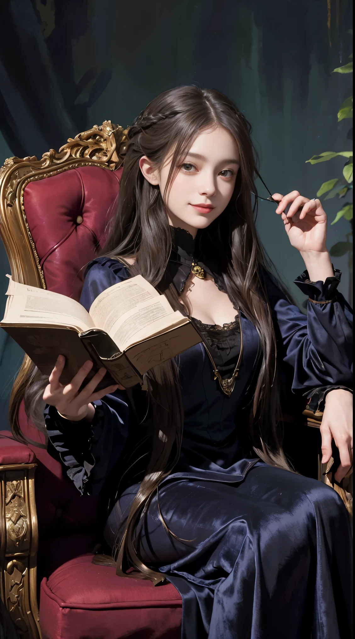 Oil painting of a young woman with long hair in a velvet dressing gown sitting on a tall wingback chair and reading a large book, In the Gothic library, Dark dramatic lighting, deep shadow, classic color palette, super detailed, elegant, Fine art, Exciting,Gustave Moreau, Sgt., Alphonse Mucha, abstract expressionism、shy smile on face、